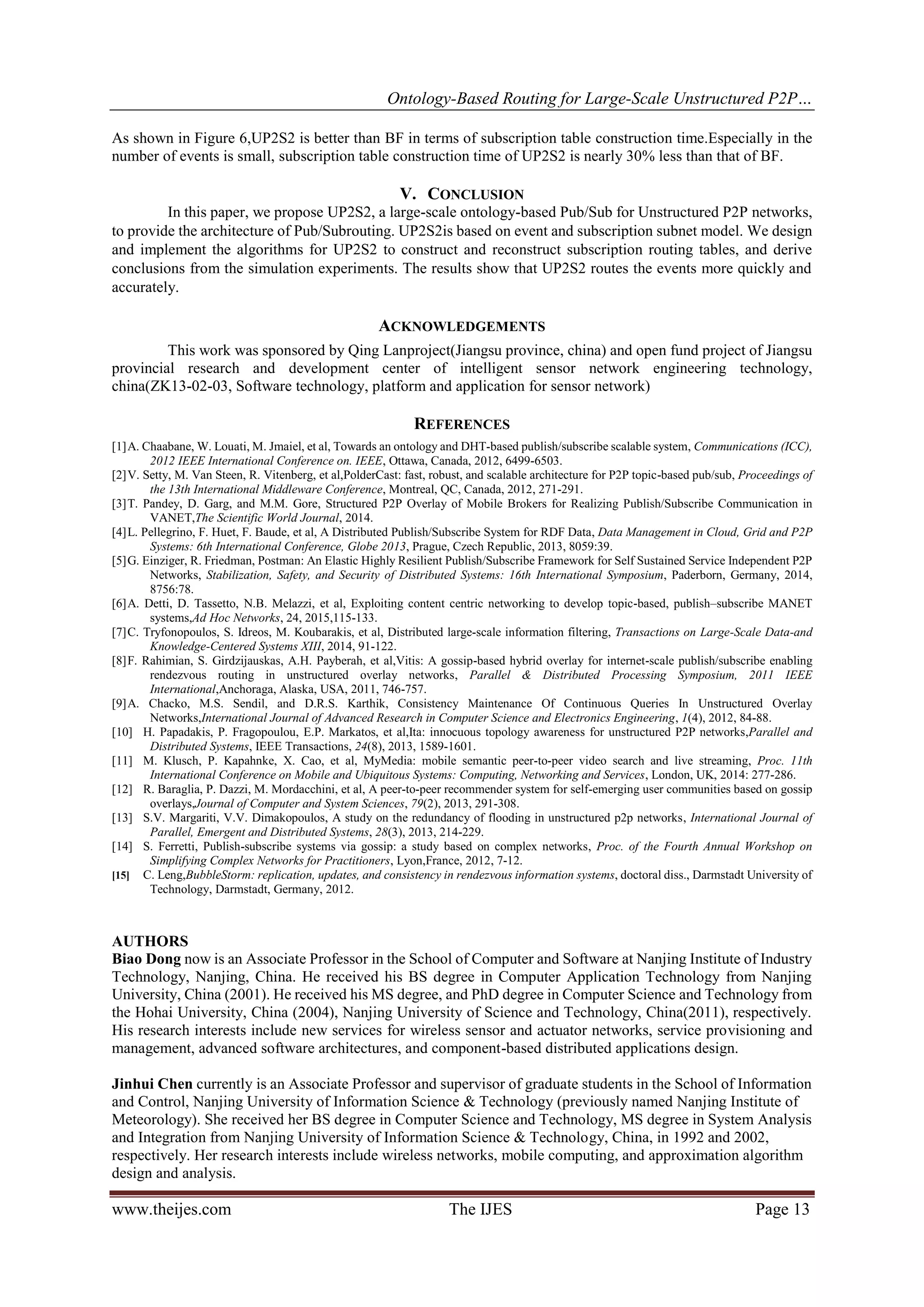 Ontology-Based Routing for Large-Scale Unstructured P2P…
www.theijes.com The IJES Page 13
As shown in Figure 6,UP2S2 is better than BF in terms of subscription table construction time.Especially in the
number of events is small, subscription table construction time of UP2S2 is nearly 30% less than that of BF.
V. CONCLUSION
In this paper, we propose UP2S2, a large-scale ontology-based Pub/Sub for Unstructured P2P networks,
to provide the architecture of Pub/Subrouting. UP2S2is based on event and subscription subnet model. We design
and implement the algorithms for UP2S2 to construct and reconstruct subscription routing tables, and derive
conclusions from the simulation experiments. The results show that UP2S2 routes the events more quickly and
accurately.
ACKNOWLEDGEMENTS
This work was sponsored by Qing Lanproject(Jiangsu province, china) and open fund project of Jiangsu
provincial research and development center of intelligent sensor network engineering technology,
china(ZK13-02-03, Software technology, platform and application for sensor network)
REFERENCES
[1]A. Chaabane, W. Louati, M. Jmaiel, et al, Towards an ontology and DHT-based publish/subscribe scalable system, Communications (ICC),
2012 IEEE International Conference on. IEEE, Ottawa, Canada, 2012, 6499-6503.
[2]V. Setty, M. Van Steen, R. Vitenberg, et al,PolderCast: fast, robust, and scalable architecture for P2P topic-based pub/sub, Proceedings of
the 13th International Middleware Conference, Montreal, QC, Canada, 2012, 271-291.
[3]T. Pandey, D. Garg, and M.M. Gore, Structured P2P Overlay of Mobile Brokers for Realizing Publish/Subscribe Communication in
VANET,The Scientific World Journal, 2014.
[4]L. Pellegrino, F. Huet, F. Baude, et al, A Distributed Publish/Subscribe System for RDF Data, Data Management in Cloud, Grid and P2P
Systems: 6th International Conference, Globe 2013, Prague, Czech Republic, 2013, 8059:39.
[5]G. Einziger, R. Friedman, Postman: An Elastic Highly Resilient Publish/Subscribe Framework for Self Sustained Service Independent P2P
Networks, Stabilization, Safety, and Security of Distributed Systems: 16th International Symposium, Paderborn, Germany, 2014,
8756:78.
[6]A. Detti, D. Tassetto, N.B. Melazzi, et al, Exploiting content centric networking to develop topic-based, publish–subscribe MANET
systems,Ad Hoc Networks, 24, 2015,115-133.
[7]C. Tryfonopoulos, S. Idreos, M. Koubarakis, et al, Distributed large-scale information filtering, Transactions on Large-Scale Data-and
Knowledge-Centered Systems XIII, 2014, 91-122.
[8]F. Rahimian, S. Girdzijauskas, A.H. Payberah, et al,Vitis: A gossip-based hybrid overlay for internet-scale publish/subscribe enabling
rendezvous routing in unstructured overlay networks, Parallel & Distributed Processing Symposium, 2011 IEEE
International,Anchoraga, Alaska, USA, 2011, 746-757.
[9]A. Chacko, M.S. Sendil, and D.R.S. Karthik, Consistency Maintenance Of Continuous Queries In Unstructured Overlay
Networks,International Journal of Advanced Research in Computer Science and Electronics Engineering, 1(4), 2012, 84-88.
[10] H. Papadakis, P. Fragopoulou, E.P. Markatos, et al,Ita: innocuous topology awareness for unstructured P2P networks,Parallel and
Distributed Systems, IEEE Transactions, 24(8), 2013, 1589-1601.
[11] M. Klusch, P. Kapahnke, X. Cao, et al, MyMedia: mobile semantic peer-to-peer video search and live streaming, Proc. 11th
International Conference on Mobile and Ubiquitous Systems: Computing, Networking and Services, London, UK, 2014: 277-286.
[12] R. Baraglia, P. Dazzi, M. Mordacchini, et al, A peer-to-peer recommender system for self-emerging user communities based on gossip
overlays,Journal of Computer and System Sciences, 79(2), 2013, 291-308.
[13] S.V. Margariti, V.V. Dimakopoulos, A study on the redundancy of flooding in unstructured p2p networks, International Journal of
Parallel, Emergent and Distributed Systems, 28(3), 2013, 214-229.
[14] S. Ferretti, Publish-subscribe systems via gossip: a study based on complex networks, Proc. of the Fourth Annual Workshop on
Simplifying Complex Networks for Practitioners, Lyon,France, 2012, 7-12.
[15] C. Leng,BubbleStorm: replication, updates, and consistency in rendezvous information systems, doctoral diss., Darmstadt University of
Technology, Darmstadt, Germany, 2012.
AUTHORS
Biao Dong now is an Associate Professor in the School of Computer and Software at Nanjing Institute of Industry
Technology, Nanjing, China. He received his BS degree in Computer Application Technology from Nanjing
University, China (2001). He received his MS degree, and PhD degree in Computer Science and Technology from
the Hohai University, China (2004), Nanjing University of Science and Technology, China(2011), respectively.
His research interests include new services for wireless sensor and actuator networks, service provisioning and
management, advanced software architectures, and component-based distributed applications design.
Jinhui Chen currently is an Associate Professor and supervisor of graduate students in the School of Information
and Control, Nanjing University of Information Science & Technology (previously named Nanjing Institute of
Meteorology). She received her BS degree in Computer Science and Technology, MS degree in System Analysis
and Integration from Nanjing University of Information Science & Technology, China, in 1992 and 2002,
respectively. Her research interests include wireless networks, mobile computing, and approximation algorithm
design and analysis.
 