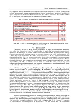 Patients’ perceptions of community pharmacy…
12
(234) of patients expected pharmacists to counsel them on medications' actions and indications. Seventy percent
(268), of patients thought that pharmacists should advice them on minor ailments. Seventy two percent (279),
agreed that pharmacists should label the medications with dose and use instructions. Two hundred and four
(53%), participating in the study thought that pharmacists are hard to approach.
Table 4.4: Patients' perceived barriers of approaching a community pharmacist.
From table 4.4, 66(17.1%) of patients believed that the main barrier to approaching pharmacists is that
doctors are more trusted.
V. DISCUSSION
This study is the first in UAE to evaluate perceptions of the public towards community pharmacists,
roles and services pharmacists provide. The study looked at the relationship between patients and community
pharmacists, the perceptions of patients, and the barriers assumed to weaken the communication between
pharmacists and patients. In this study, access to the community pharmacies was mainly to either purchase POM
,125 (28.1%), or OTC medications ,132 (31.9%), while only around, 44 (11.4%), patients visited community
pharmacies for advice. This is in line with other studies that have investigated public’s perception towards
community pharmacies in Middle East countries (8, 10, 16)
. This finding can be explained by the fact that few
community pharmacies in UAE have been fully engaged in patient centered promotion activities. This study
also found that, 66 (17%), of patients ask their friends and family first when having a drug related
problem,which is high comparing toanother study in Europe where around 8% of participating patients choose
friends and family as their first source of information(17).
Almost half of the patients participating, 148(48%), turned to physicians first when having a drug related
problem, this contradicts with the results of Ibrahim et al. (2013) study which have found that more than half of
the respondents turn to community pharmacists. Unfortunately, this suggests a problem with patients and
pharmacists relationship in UAE(16, 18, 19).
This finding highlights the importance of good communication with
patients which increases patients' trust and confidence in pharmacists. In order to improve and strengthen patient
pharmacist relationship, comprehensive and informative workshops must be done to address the public about the
roles and abilities of pharmacists and precisely community pharmacists. In this study, around twenty seven
percent (103) of patients believed that pharmacists have good balance between health and business matters,
which is relatively low comparing to a study by El Hajj et al. (2011) where 44% of patients believed that
pharmacists have good balance between health and business matters. Interestingly, 154 (27.8%), of patients in
this study decide preference of community pharmacy depending on the location of the pharmacy rather than
pharmacists' knowledge, 48 (12.5%). A large proportion of patients, 208 (54%), don't consider monitoring
health progress and safe and effective use of medications as a part of the expected services of community
pharmacists, this agrees to the results of another study by El Hajj et al. (2011) in which 70% of patients don't
consider monitoring health progress, safe and effective use of medications as a part of the expected services(10).
These findings should encourage pharmacists and other relevant authorities to publicize the services that
community pharmacists could provide to patients in community pharmacies
Effective communication by pharmacists is essential to ensure patient safety in terms of provision and
use of medications by patients (21).
Seventy one percent (275) of patients participating in this study felt that
pharmacist don't provide them with thorough medication counseling and don't encourage them to ask questions
when getting their prescription medications. Unlike a study by Singh et al. (1999) in Trinidad, 70% of patients
felt satisfied by the counseling provided by pharmacists(20).
This may indicate that UAE’s community
 