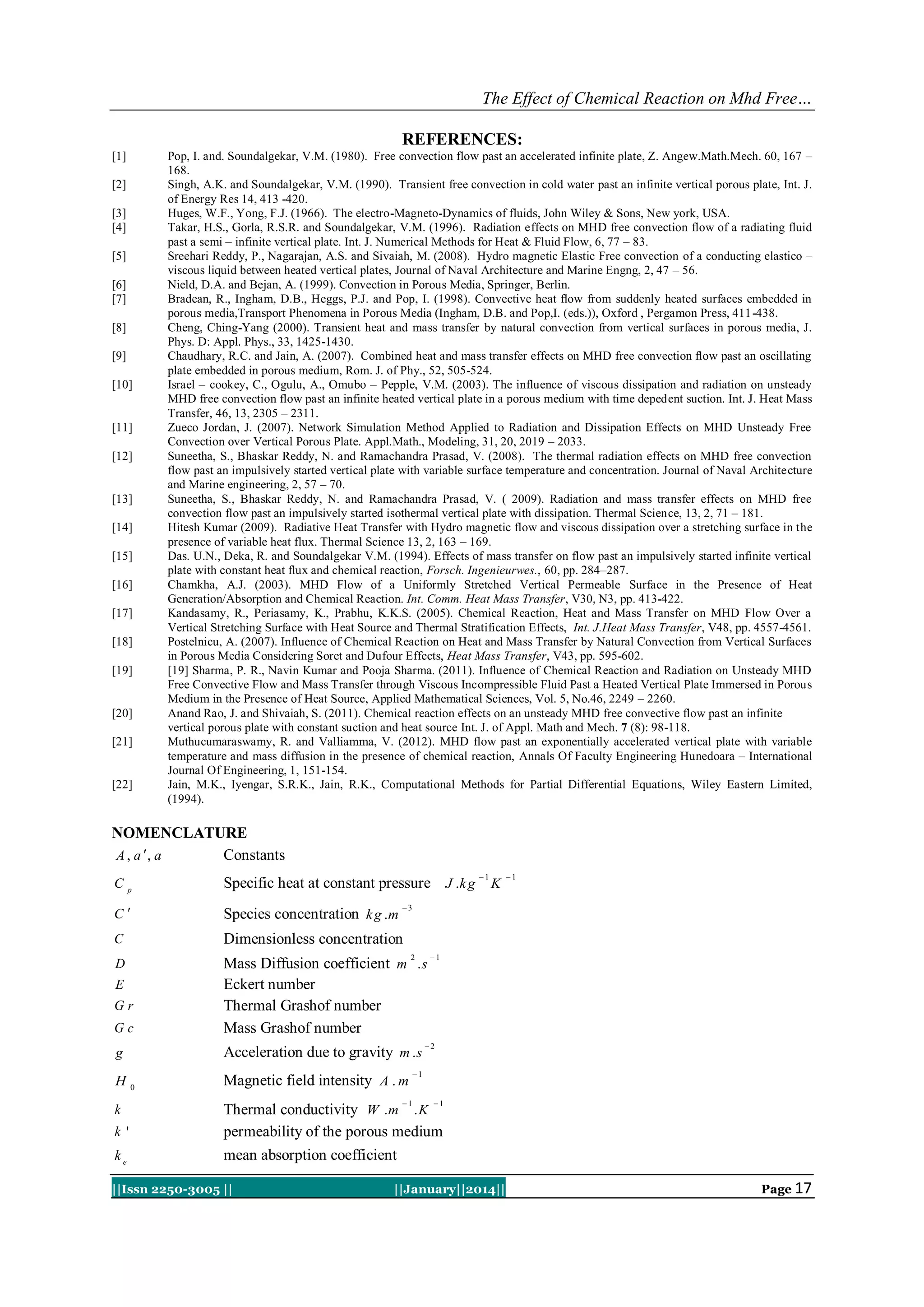 The Effect of Chemical Reaction on Mhd Free…
REFERENCES:
[1]
[2]
[3]
[4]
[5]
[6]
[7]
[8]
[9]
[10]

[11]
[12]

[13]
[14]
[15]
[16]
[17]
[18]
[19]

[20]
[21]

[22]

Pop, I. and. Soundalgekar, V.M. (1980). Free convection flow past an accelerated infinite plate, Z. Angew.Math.Mech. 60, 167 –
168.
Singh, A.K. and Soundalgekar, V.M. (1990). Transient free convection in cold water past an infinite vertical porous plate, Int. J.
of Energy Res 14, 413 -420.
Huges, W.F., Yong, F.J. (1966). The electro-Magneto-Dynamics of fluids, John Wiley & Sons, New york, USA.
Takar, H.S., Gorla, R.S.R. and Soundalgekar, V.M. (1996). Radiation effects on MHD free convection flow of a radiating fluid
past a semi – infinite vertical plate. Int. J. Numerical Methods for Heat & Fluid Flow, 6, 77 – 83.
Sreehari Reddy, P., Nagarajan, A.S. and Sivaiah, M. (2008). Hydro magnetic Elastic Free convection of a conducting elastico –
viscous liquid between heated vertical plates, Journal of Naval Architecture and Marine Engng, 2, 47 – 56.
Nield, D.A. and Bejan, A. (1999). Convection in Porous Media, Springer, Berlin.
Bradean, R., Ingham, D.B., Heggs, P.J. and Pop, I. (1998). Convective heat ﬂow from suddenly heated surfaces embedded in
porous media,Transport Phenomena in Porous Media (Ingham, D.B. and Pop,I. (eds.)), Oxford , Pergamon Press, 411-438.
Cheng, Ching-Yang (2000). Transient heat and mass transfer by natural convection from vertical surfaces in porous media, J.
Phys. D: Appl. Phys., 33, 1425-1430.
Chaudhary, R.C. and Jain, A. (2007). Combined heat and mass transfer effects on MHD free convection ﬂow past an oscillating
plate embedded in porous medium, Rom. J. of Phy., 52, 505-524.
Israel – cookey, C., Ogulu, A., Omubo – Pepple, V.M. (2003). The influence of viscous dissipation and radiation on unsteady
MHD free convection flow past an infinite heated vertical plate in a porous medium with time depedent suction. Int. J. Heat Mass
Transfer, 46, 13, 2305 – 2311.
Zueco Jordan, J. (2007). Network Simulation Method Applied to Radiation and Dissipation Effects on MHD Unsteady Free
Convection over Vertical Porous Plate. Appl.Math., Modeling, 31, 20, 2019 – 2033.
Suneetha, S., Bhaskar Reddy, N. and Ramachandra Prasad, V. (2008). The thermal radiation effects on MHD free convection
flow past an impulsively started vertical plate with variable surface temperature and concentration. Journal of Naval Architecture
and Marine engineering, 2, 57 – 70.
Suneetha, S., Bhaskar Reddy, N. and Ramachandra Prasad, V. ( 2009). Radiation and mass transfer effects on MHD free
convection flow past an impulsively started isothermal vertical plate with dissipation. Thermal Science, 13, 2, 71 – 181.
Hitesh Kumar (2009). Radiative Heat Transfer with Hydro magnetic flow and viscous dissipation over a stretching surface in the
presence of variable heat flux. Thermal Science 13, 2, 163 – 169.
Das. U.N., Deka, R. and Soundalgekar V.M. (1994). Effects of mass transfer on flow past an impulsively started infinite vertical
plate with constant heat flux and chemical reaction, Forsch. Ingenieurwes., 60, pp. 284–287.
Chamkha, A.J. (2003). MHD Flow of a Uniformly Stretched Vertical Permeable Surface in the Presence of Heat
Generation/Absorption and Chemical Reaction. Int. Comm. Heat Mass Transfer, V30, N3, pp. 413-422.
Kandasamy, R., Periasamy, K., Prabhu, K.K.S. (2005). Chemical Reaction, Heat and Mass Transfer on MHD Flow Over a
Vertical Stretching Surface with Heat Source and Thermal Stratification Effects, Int. J.Heat Mass Transfer, V48, pp. 4557-4561.
Postelnicu, A. (2007). Influence of Chemical Reaction on Heat and Mass Transfer by Natural Convection from Vertical Surfaces
in Porous Media Considering Soret and Dufour Effects, Heat Mass Transfer, V43, pp. 595-602.
[19] Sharma, P. R., Navin Kumar and Pooja Sharma. (2011). Influence of Chemical Reaction and Radiation on Unsteady MHD
Free Convective Flow and Mass Transfer through Viscous Incompressible Fluid Past a Heated Vertical Plate Immersed in Porous
Medium in the Presence of Heat Source, Applied Mathematical Sciences, Vol. 5, No.46, 2249 – 2260.
Anand Rao, J. and Shivaiah, S. (2011). Chemical reaction effects on an unsteady MHD free convective flow past an infinite
vertical porous plate with constant suction and heat source Int. J. of Appl. Math and Mech. 7 (8): 98-118.
Muthucumaraswamy, R. and Valliamma, V. (2012). MHD flow past an exponentially accelerated vertical plate with variable
temperature and mass diffusion in the presence of chemical reaction, Annals Of Faculty Engineering Hunedoara – International
Journal Of Engineering, 1, 151-154.
Jain, M.K., Iyengar, S.R.K., Jain, R.K., Computational Methods for Partial Differential Equations, Wiley Eastern Limited,
(1994).

NOMENCLATURE
A , a , a
Constants
C

p

Specific heat at constant pressure J .k g

1

K

1

3

C

Species concentration k g .m

C

Dimensionless concentration

D

Gc

Mass Diffusion coefficient m . s
Eckert number
Thermal Grashof number
Mass Grashof number

g

Acceleration due to gravity m . s

2

E

Gr

H
k

k '

ke

0

Magnetic field intensity A . m

1

2

1

1

1

Thermal conductivity W . m . K
permeability of the porous medium
mean absorption coefficient

||Issn 2250-3005 ||

||January||2014||

Page 17

 