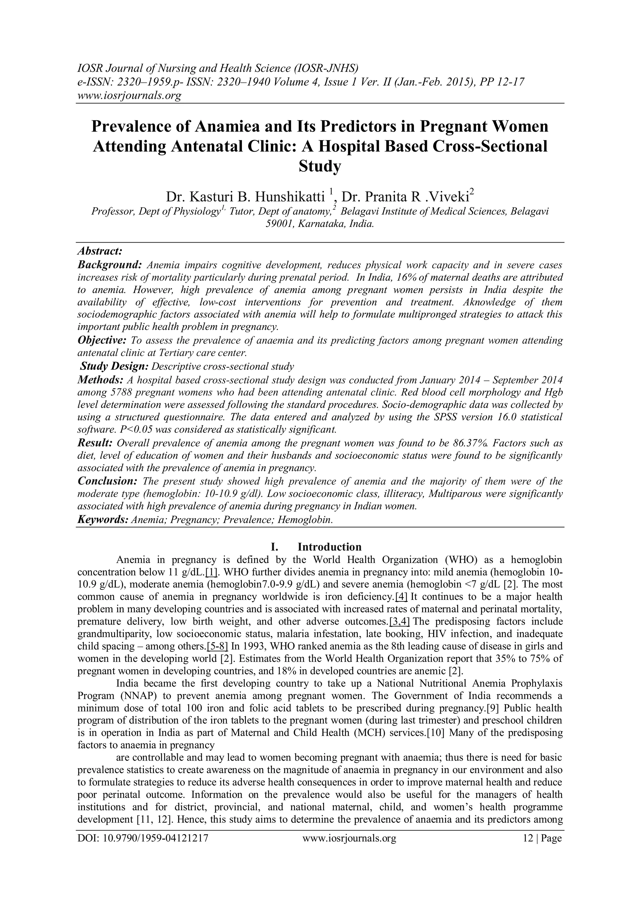 Prevalence of Anamiea and Its Predictors in Pregnant Women Attending ...