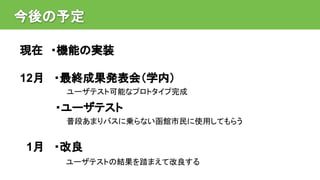 今後の予定
現在 ・機能の実装
12月 ・最終成果発表会（学内）
ユーザテスト可能なプロトタイプ完成
・ユーザテスト
普段あまりバスに乗らない函館市民に使用してもらう
1月 ・改良
ユーザテストの結果を踏まえて改良する
 