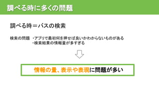 調べる時に多くの問題
情報の量、表示や表現に問題が多い
調べる時＝バスの検索
検索の問題 ・アプリで最初何を押せば良いかわからないものがある
・検索結果の情報量が多すぎる
 