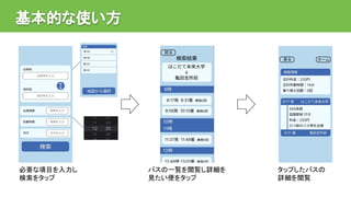 基本的な使い方
必要な項目を入力し
検索をタップ
バスの一覧を閲覧し詳細を
見たい便をタップ
タップしたバスの
詳細を閲覧
 