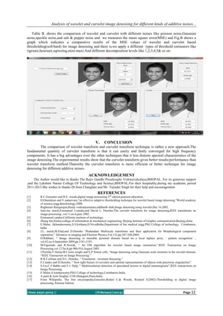 Analysis of wavelet and curvelet image denoising for different kinds of additive noises...
Table B. shows the comparison of wavelet and curvelet with different noises like poisson noise,Gaussian
noise,speckle noise,and salt & pepper noise and we measures the mean square error(MSE) and Fig.B shows a
graph which indicates a comparative results of the MSE values of wavelet and curvelet based
thresholding(soft/hard) for image denoising and there is,we apply a different types of threshold estimators like
rigrsure,heursure,sqtwolog,mini-maxi.And different decomposition levels like 1,2,3,4,5& so on.

V.

CONCLUSION

The comparison of wavelet transform and curvelet transform technique is rather a new approach.The
fundamental quantity of curvelet transform is that it can easily and fastly converged for high frequency
components. It has a big advantages over the other techniques that it less distorts spectral characteristics of the
image denoising.The experimental results show that the curvelet transform gives better results/performance than
wavelet transform method.Thatswhy the curvelet transform is more efficient or better technique for image
denoising for different additive noises.

ACKNOWLEDGEMENT
The Author would like to thanks The Rajiv Gandhi Proudyogiki Vishwavidyalaya,BHOPAL. For its generous support
,and the Lakshmi Narain College Of Technology and Science,BHOPAL.For their hospitality,during my academic period
2011-2013.She wishes to thanks Dr.Soni Changlani and Mr. Tejinder Singh for their help and encouragement.

REFERENCES
[1]
[2]
[3]
[4]
[5]
[6]
[7]
[8]
[9]
[10]
[11]
[12]
[13]
[14]
[15]
[16]
[17]

R.C.Gonzalez and R.E. woods,digital image processing 2nd edition;pearson education.
D.Ghandurai and V.sadasivam,”an effective adaptive thresholding technique for wavelet based image denoising.”World academy
of science,engg.&technology,2008.
Raghuram Rangarajan,Ramji venkataramanan,siddharth shah,Image denoising using wavelet;Dec 16,2002.
Jean-luc starck,Emmanuel J.candes,and David L. Donoho;The curvelet transform for image denoising;IEEE translations on
image processing ,vol.11,no.6,june 2002.
Emmanuel candes;California institute of technology.
Zhang fen,Xiekai;college of information & mechanical engineering; Beijing Institute of Graphic communication,Beijing,china.
E.Malar, Akhandaswamy,S.S.kirthana,D.Nivedhitha;Department of bio medical engg.PSG College of technology, Coimbatore,
India.
J.L. starck,M.Elad,and D.Donoho “Redundant Multiscale transforms and their application for Morphological component
separation,” Advances in imaging and Electron Physics,Vol.132,pp.287-348,2004.
H.Rabbani, “ Image denoising in steerable pyramid domain based on a local laplace prior, „ pattern recognition‟ ,
vol.42,no.9,September 2009,pp.2181-2193.
M.Figeiredo and R.Nowak, “ An EM algorithm for wavelet based image restoration,”.IEEE Transaction on Image
Processing,vol.12.No.8,pp 906-916,August 2003.
J.Portilla,V.Strela,M.J wain wright and E.P Simon celli, “Image denoising using Gaussian scale mixtures in the wavelet domain,
“IEEE Transaction on Image Processing.”
R.R.Coifman and D.L. Donoho, “ Translation –invariant denoising.”
E.Candes and D.Donoho, “ New tight frames of curvelets and optimal representations of objects with piecewise singularities”.
S.Liu,C.F.Babbs and E.J. Delp, “ Multiresolution detection of speculated lesions in digital mammograms”,IEEE transactions on
Image Processing.
E.Malar,A kandaswamy;PSG College of technology,Coimbatore;India.
A patil & Jyoti Singhai, COE,Malegaon,Pune;India.
From Wikipedia. The free encyclopedia,Gonzalez,Rafael C.& Woods, Richard E(2002).Thresholding in digital image
processing, Pearson Edition.

||Issn 2250-3005 ||

||February||2014||

Page 12

 