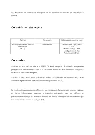Rq : Seulement les commandes principales ont été mentionnées pour ne pas encombrer le
rapport.
Consolidation des acquis
Conclusion
Au cours de mon stage au sein de la CNSS, j’ai réussi à acquérir de nouvelles compétences
principalement techniques et sociales. Il m’a permis de découvrir le fonctionnement d’un groupe
de travail au cœur d’une entreprise.
A travers ce stage, j’ai découvert de nouvelles notions principalement la technologie MPLS et ses
atouts très importants dans les réseaux de nouvelle génération (NGN).
La configuration des équipements Cisco est une compétence plus que requise pour un ingénieur
en réseaux informatiques, cependant la formation universitaire n’est pas suffisante et
personnellement ce stage m’a permis de maitriser des notions techniques vues en cours mais pas
très bien assimilées comme le routage OSPF.
Matières Professeurs Skills acquis pendant le stage
Administration et surveillance
des réseaux
(RT3)
Sofiene Ouni Configuration équipement
Cisco
Maitrise routage OSPF
Configuration MPLS
Configuration BGP
 