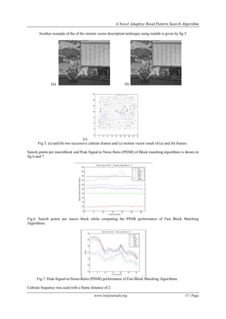 A Novel Adaptive Rood Pattern Search Algorithm

       Another example of the of the motion vector description technique using matlab is given by fig 5.




               (a)                                              (b)




                                    (c)
      Fig 5. (a) and (b) two successive caltrain frames and (c) motion vector result of (a) and (b) frames.

Search points per macroblock and Peak Signal to Noise Ratio (PSNR) of Block matching algorithms is shown in
fig 6 and 7.




Fig.6. Search points per macro block while computing the PSNR performance of Fast Block Matching
Algorithms.




      Fig.7. Peak-Signal-to-Noise-Ratio (PSNR) performance of Fast Block Matching Algorithms.

Caltrain Sequence was used with a frame distance of 2.

                                           www.iosrjournals.org                                          17 | Page
 