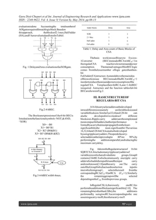 Guru Dixit Chepuri et al Int. Journal of Engineering Research and Applications www.ijera.com
ISSN : 2248-9622, Vol. 4, Issue 5( Version 6), May 2014, pp.08-13
www.ijera.com 9|P a g e
evaluationisdone bycountingthe totalnumberof
AOIgatesrequiredforeachlogicblock.Basedon
thisapproach, theblocksof2:1mux,HalfAdder
(HA),andFAareevaluatedandlistedinTableI.
Fig. 1:DelayandArea evaluationofanXORgate.
Fig.2:4-bBEC.
The Booleanexpressionsof the4-bit BECis
listedas(notethefunctionalsymbols~NOT,&AND,
^XOR)
X0= ~B0
X1= B0^B1
X2= B2^(B0&B1)
X3= B3^(B0&B1&B2)
Fig.3:4-bBECwith8:4mux.
Table 1: Delay and Area count of Basic Blocks of
CSA
Thebasic workistouseBinaryto Excess-
1Converter (BEC)insteadofRCAwithCin=1in
theregularCSA toachievelowerareaandpower
consumption. ThemainadvantageofthisBEClogic
comes fromthelessernumber oflogic gatesthanthen-
bit
FullAdder(FA)structure.Asstatedabovethemainidea
ofthisworkistouse BECinsteadoftheRCAwithCin=1
inordertoreducetheareaandpowerconsumptionofthe
regularCSA. Toreplacethen-bitRCA,ann+1-bitBEC
isrequired. Astructure and the function tableofa4-bit
BECareshowninFig.2.
III. BASICSTRUCTUREOF
REGULAR16-BIT CSA
A16-bitcarryselectaddercanbedeveloped
intwodifferentsizesnamely uniformblocksizeand
variableblocksize.Similarlya32,64and128-bit can
alsobe developedintwomodesof different
blocksizes.Ripple-carry addersarethesimplestand
mostcompactfulladders,buttheirperformance is
limitedbyacarrythatmustpropagatefromtheleast-
significantbittothe most-significantbit.Thevarious
16,32,64and128-bitCSAcanalsobedeveloped
byusingripplecarryadders.Thespeedofacarry-
selectaddercanbeimprovedupto 40%to 90%,by
performingthe additionsinparallel,andreducingthe
maximum carrydelay.
Fig. 4showstheRegularstructureof 16-bit
SQRTCSA.Itincludesmanyripplecarryaddersof
variablesizeswhicharedividedinto groups.Group0
contains2-bitRCAwhichcontainsonly oneripple carry
adderwhichaddstheinputbitsandtheinput carry
andresultstosum[1:0]andthecarry out.The carry
outoftheGroup0whichactsastheselection inputto
muxwhichisingroup1, selectstheresult fromthe
correspondingRCA(Cin=0)orRCA (Cin=1).Similarly
the remaininggroupswillbe selected
dependingontheCout fromtheprevious groups.
InRegularCSLA,thereisonly oneRCAto
performtheadditionoftheleastsignificantbits[1:0]. The
remainingbits(otherthanLSBs),the additionis
performedby usingtwoRCAscorrespondingtothe one
assumingacarry-inof0,theotheracarry-inof1
 