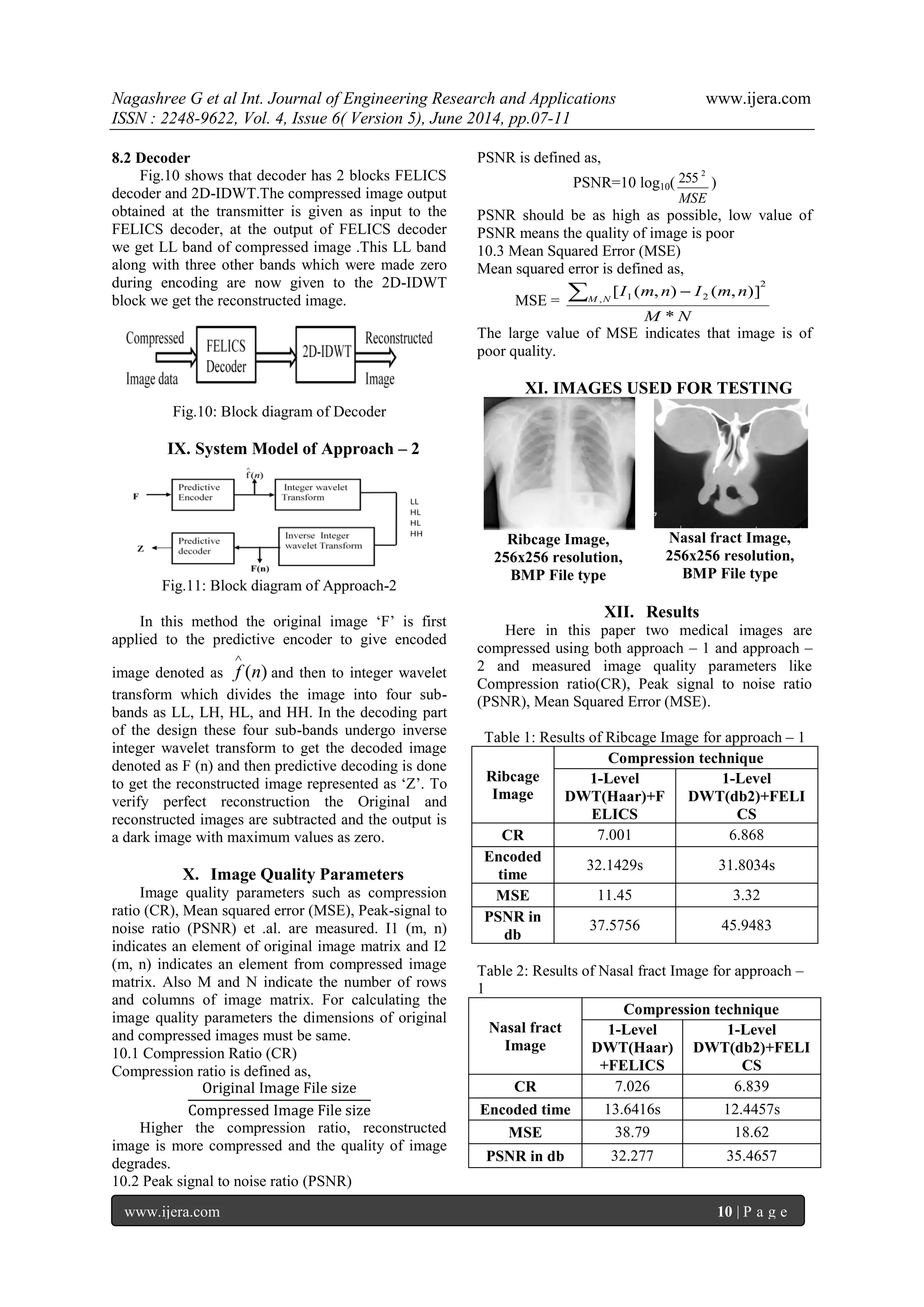 Nagashree G et al Int. Journal of Engineering Research and Applications www.ijera.com
ISSN : 2248-9622, Vol. 4, Issue 6( Version 5), June 2014, pp.07-11
www.ijera.com 10 | P a g e
8.2 Decoder
Fig.10 shows that decoder has 2 blocks FELICS
decoder and 2D-IDWT.The compressed image output
obtained at the transmitter is given as input to the
FELICS decoder, at the output of FELICS decoder
we get LL band of compressed image .This LL band
along with three other bands which were made zero
during encoding are now given to the 2D-IDWT
block we get the reconstructed image.
Fig.10: Block diagram of Decoder
IX. System Model of Approach – 2
Fig.11: Block diagram of Approach-2
In this method the original image „F‟ is first
applied to the predictive encoder to give encoded
image denoted as )(nf

and then to integer wavelet
transform which divides the image into four sub-
bands as LL, LH, HL, and HH. In the decoding part
of the design these four sub-bands undergo inverse
integer wavelet transform to get the decoded image
denoted as F (n) and then predictive decoding is done
to get the reconstructed image represented as „Z‟. To
verify perfect reconstruction the Original and
reconstructed images are subtracted and the output is
a dark image with maximum values as zero.
X. Image Quality Parameters
Image quality parameters such as compression
ratio (CR), Mean squared error (MSE), Peak-signal to
noise ratio (PSNR) et .al. are measured. I1 (m, n)
indicates an element of original image matrix and I2
(m, n) indicates an element from compressed image
matrix. Also M and N indicate the number of rows
and columns of image matrix. For calculating the
image quality parameters the dimensions of original
and compressed images must be same.
10.1 Compression Ratio (CR)
Compression ratio is defined as,
Original Image File size
Compressed Image File size
Higher the compression ratio, reconstructed
image is more compressed and the quality of image
degrades.
10.2 Peak signal to noise ratio (PSNR)
PSNR is defined as,
PSNR=10 log10(
MSE
2
255 )
PSNR should be as high as possible, low value of
PSNR means the quality of image is poor
10.3 Mean Squared Error (MSE)
Mean squared error is defined as,
MSE =
NM
nmInmINM
*
)],(),([
2
, 21 
The large value of MSE indicates that image is of
poor quality.
XI. IMAGES USED FOR TESTING
Ribcage Image,
256x256 resolution,
BMP File type
Nasal fract Image,
256x256 resolution,
BMP File type
XII. Results
Here in this paper two medical images are
compressed using both approach – 1 and approach –
2 and measured image quality parameters like
Compression ratio(CR), Peak signal to noise ratio
(PSNR), Mean Squared Error (MSE).
Table 1: Results of Ribcage Image for approach – 1
Ribcage
Image
Compression technique
1-Level
DWT(Haar)+F
ELICS
1-Level
DWT(db2)+FELI
CS
CR 7.001 6.868
Encoded
time
32.1429s 31.8034s
MSE 11.45 3.32
PSNR in
db
37.5756 45.9483
Table 2: Results of Nasal fract Image for approach –
1
Nasal fract
Image
Compression technique
1-Level
DWT(Haar)
+FELICS
1-Level
DWT(db2)+FELI
CS
CR 7.026 6.839
Encoded time 13.6416s 12.4457s
MSE 38.79 18.62
PSNR in db 32.277 35.4657
 