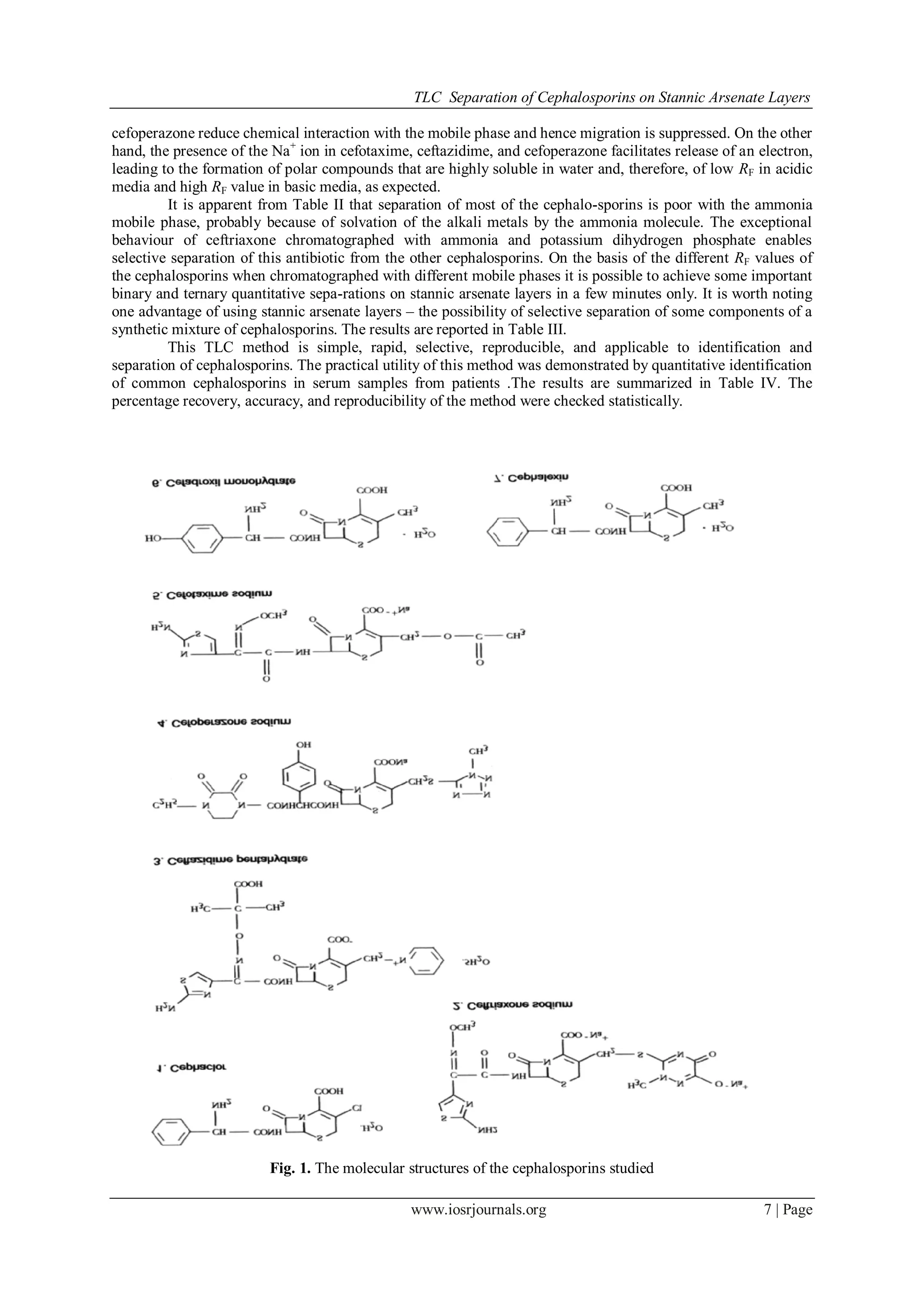 TLC Separation of Cephalosporins on Stannic Arsenate Layers
www.iosrjournals.org 7 | Page
cefoperazone reduce chemical interaction with the mobile phase and hence migration is suppressed. On the other
hand, the presence of the Na+
ion in cefotaxime, ceftazidime, and cefoperazone facilitates release of an electron,
leading to the formation of polar compounds that are highly soluble in water and, therefore, of low RF in acidic
media and high RF value in basic media, as expected.
It is apparent from Table II that separation of most of the cephalo-sporins is poor with the ammonia
mobile phase, probably because of solvation of the alkali metals by the ammonia molecule. The exceptional
behaviour of ceftriaxone chromatographed with ammonia and potassium dihydrogen phosphate enables
selective separation of this antibiotic from the other cephalosporins. On the basis of the different RF values of
the cephalosporins when chromatographed with different mobile phases it is possible to achieve some important
binary and ternary quantitative sepa-rations on stannic arsenate layers in a few minutes only. It is worth noting
one advantage of using stannic arsenate layers – the possibility of selective separation of some components of a
synthetic mixture of cephalosporins. The results are reported in Table III.
This TLC method is simple, rapid, selective, reproducible, and applicable to identification and
separation of cephalosporins. The practical utility of this method was demonstrated by quantitative identification
of common cephalosporins in serum samples from patients .The results are summarized in Table IV. The
percentage recovery, accuracy, and reproducibility of the method were checked statistically.
Fig. 1. The molecular structures of the cephalosporins studied
 