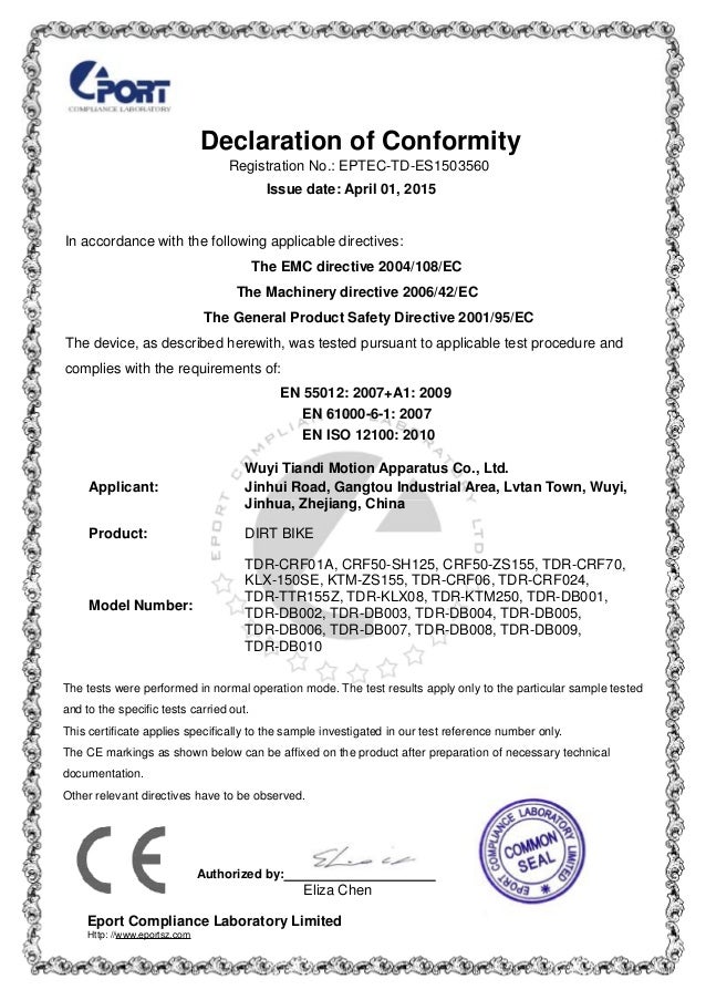 Ce certificate for tdrmoto dirt bike
