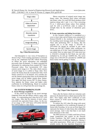 M. Suresh Kumar Int. Journal of Engineering Research and Applications www.ijera.com 
ISSN : 2248-9622, Vol. 4, Issue 8( Version 1), August 2014, pp.05-09 
www.ijera.com 7 | P a g e 
Fig: 3 Data Reconstruction And Decryption is vice versa of Encryption as shown in fig 5. From creating each frame is extracted one by one. Implement 8x8 DCT Block Processing on Where the secret information was embedded previously (here R-channel). To obtain concealed bit information by subtracting from original DCT block Processed values. Now reconstructed AVI video consists secret image in it. The video which consists of secret image in it is called as Stego video. Now extract the frames from the reconstructed video. Each frames consists R, G, B channels .now consider any one the channel among them (here say R-channel).the secret image will be hidden among those frames. Now apply 8x8 block inverse DCT to those frames. Now separate the binary values and higher order coefficients by de-Multiplexing. Based on resultant binary values we will get back the secret image [6]. 
III. SYSTEM WORKING FLOW 
A. Secret Message Acquisition In this context let image be our secret message (imported from mat lab library) which is grey scale image. It is representing pixel value 8x8 of 297 x169 size images. After that the intensity of pixel values converted into equivalent binary values. As the size of car image is 297 x169 hence 297x169x8 401544 bits will be hidden in video frame. 
Fig: 4 Input secret image 
Shows conversion of original secret image into binary value. The intensity pixel values converted into binary value. For each 8x8 block produces 64x8 matrixes along with 1 and -1 in it .Now converting 0’s to -1 which gives binary values. Now multiply each bit with α (α=0.01).In order to reduce its strength there by the amount of distortions goes down... B. Frame separation and hiding Secret data In this scenario traffice.avi is considered as a cover or host video and all frames were extracted (31 frames).324x244 is the resolution of original AVI. For encoding secret message made use of R-channel. There after performing DCT on frames. But the original size is of the image is 297x169 so 297x169x8 bit should be encoded in this video frames per 8x8 DCT Higher order coefficients we can embed max of 16 bits. And in intended frame we can embed. Here we taken input AVI video pixel size is 324x244 is divided by 8x8 block size and after multiplied by 16 will get 1264896 bits. The secret image size is 297x169 x8 is divided by 1264896 and hence nearly will be getting 31 frames. 
Fig: 5 Input Video Sequences There after the frames which are extracted, each and every R-channel frame is block processed by 8x8 DCT. Now higher order DCT coefficient of each block consists of 16-bit secret message which are embedded into it. To achieve the AVI video file along with secret message embedded in it by combining R-channels of frames after Encoding. As we can see from figure 8.It represents the frames of video frame after embedding secret message. And it clear that there is not much more distortions in the video. 
The JPEG process is a widely used form of lossy image compression that centers on the Discrete Cosine Transform. The DCT works by separating images into parts of differing frequencies. During a step called quantization. Where part of compression actually occurs, the less important frequencies are 
Stego video 
Video to Frame separation 
Discrete cosine transform 
Image decoding 
Secret image  