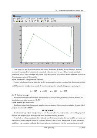 The Optimal Portfolio Based on the Bat …
www.ijesi.org 15 | Page
From above, we may direct observations, the greater the income, the higher the risk. However, different
investment returns and risk of function is not entirely a function, more or less will have certain amplitude
fluctuations, so, we can according to this feature, using the definition and nature of the bat algorithm, to calculate
the optimum operation of the portfolio.
Step 4: based on the bat algorithm to calculate
Through calculation of the bat algorithm further, we may safely draw it is concluded that the optimal portfolio
model based on the bat algorithm, namely the investment proportion of funds of the project 4321 ,,, xxxx :
25.00 x 30.01 x 10.02 x 35.03 x
Step 5: the total earnings
Based on previous funds based on the bat algorithm calculate portfolio proportion, calculate the total net
benefits for its portfolio income 51.12a .
Step 6: the total risk is calculated
Based on previous funds based on the bat algorithm calculate portfolio proportion, calculate the total risk of
portfolio investment 0507.3b .
IV. SUMMARY
Based on study of portfolio bat algorithm, we take the comprehensive analysis on the nature of the project at
different time points to draw the proportion of the investment projects in capital.
First of all, we will be modeled the data collected, in order to accurately the data and model is very good, and
not cause not form a complete set and as a result of the data is not accurate. Among them, in order to make the
model more representative, we let the data is general, respectively adopt a risk-free investment projects, with
 