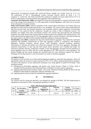 Mechanical Properties Of Concrete Using Steel Slag Aggregate
www.ijeijournal.com Page | 9
improvement in compressive strength, split tensile and flexure strength over control mixes by 4 to 8 %.
The replacement of 100 % slag aggregate (coarse) increased concrete density by about 5 to 7 %
compared to control mix. The study concluded that compressive strength of concrete improved by 4 to7 % at
all the % replacements of normal crushed coarse aggregate with crystallized slag.
Anastasiou and Papayianni, (2006), investigated on using steel slag aggregates in concrete and found out that
the 28 day strength was increased by 21% with replacement of natural aggregates, while there was no increase
in the setting time of concrete mixtures.
Manso and Gonzalez (2004), studied on durability of the concrete made with Electric Arc Furnace slag as an
aggregate was done and the results showed that it was acceptable. The concrete mixes using conditioned EAF
slag showed good fresh and hardened properties and acceptable behavior against aggressive environmental
conditions. It was observed that the compressive strength was similar to that of traditional concrete. The
durability was slightly lower than conventional concrete. The concrete had good physical and mechanical
properties, but results showed that special attention should be paid to the gradation and crushing process. The
results showed that the high porosity of EAF slag aggregates affects concrete resistance to freezing and thawing
but improvements in the field could be possibly obtained by adding air entraining admixtures.
Maslehuddin, et al, (2003), compared steel slag and crushed limestone aggregate. They studied the mechanical
properties and durability characteristics of steel slag aggregate concrete in comparison with limestone
aggregates. Abrasion resistance, specific gravity, water absorption, chemical soundness, alkalinity,
concentration of chloride and sulfates were tested and compared with lime stone aggregates. Shrinkage and
expansion characteristics of steel slag and sand cement mortar specimens were evaluated and length was
measured at periodic intervals. Compressive strength of steel slag aggregates increased with the proportion of
coarse aggregates from 31.4 MPa with 45% coarse aggregates to 42.7 MPa with 65% coarse aggregates. The
flexural strength and split tensile strength also increased while the water absorption capacity was reduced.
Shrinkage of steel slag exposed to a dry environment was similar to limestone aggregate.
1.5 OBJECTTIVES
The objective of this research was to find combined aggregate gradations, using Steel slag aggregate, which will
significantly reduce the amount of cement required by 10% to 15% without compromising concrete properties.
To achieve this objective, several optimization techniques were being applied to typical M 40 design. These
techniques include:
(i) Introducing an intermediate aggregate with particle sizes mostly between 2.36mm to 9.5mm, which is
intended to fill the gap between the traditional binary combination of coarse and fine aggregates;
(ii) applying theoretical particle packing models, such as the Theoretical Packing Model by Dewar and the
Modified Toufar Model by Goltermann, Johansen and Palbol; and
(iii) Applying particle density method for standardizing aggregate gradations.
II. MATERIALS
2.1 Concrete
The concrete used for casting the specimens was designed for strength of 40 MPa. The Mix proportioning of
ingredients are presented in Table 1 and aggregate gradation in Table 2.
 