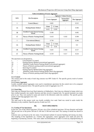 Mechanical Properties Of Concrete Using Steel Slag Aggregate
www.ijeijournal.com Page | 10
The specimens are designated as,
1 - Conventional CA control
1A - Packing Density Method (conventional aggregate)
1B - Modified Toufar Particle Packing Model (conventional aggregate)
1C - Theory of Particle packing model (conventional aggregate)
2 - Steel slag CA control
2A - Packing Density Method (Steel slag aggregate)
2B - Modified Toufar Particle Packing Model (Steel slag aggregate)
2C - Theory of Particle packing model (Steel slag aggregate)
2.1.1 Cement
The cement used in this study of steel slag concrete was OPC Grade 43. The specific gravity result of cement
test was 3.15
2.1.2 Coarse Aggregate
Locally available natural aggregates were used to manufacture specimens for the control mix to be compared
with that of the proposed mixes. The specific gravity result of aggregate was 2.75.
2.1.3 Steel Slag
Steel slag was obtained from local Steel industries in Pudhucherry. Steel slag was obtained in lumps which was
then crushed manually into smaller fractions and then sieved to required size. No special treatment was made
prior to use. They were packed in sacks and stored in the laboratory under dry condition. The specific gravity
results of steel slag aggregate were 3.42.
2.1.4 Sand
The sand used in this project work was locally available river sand. Sand was stored in sacks inside the
laboratory in dry condition. Specific gravity of sand was 2.65.
III. TEST SPECIMENS
3.1. Casting of Test Specimens
In this test, size of the cubical specimen 150 mm, size of the cylindrical specimen 150 mm diameter and height
300 mm and size of the prism 100 mm X 100 mm X 500 mm were used. The casting of mould was shown in
Fig.2.
Concrete were cast based on the mix ratios. Conventional method of concrete batching and mixing was done.
The weighing of the ingredients viz., Cement, fine aggregates, coarse aggregates were made just prior the
beginning of producing concrete. This came under recommendation in order to avoid any disproportioning of
 