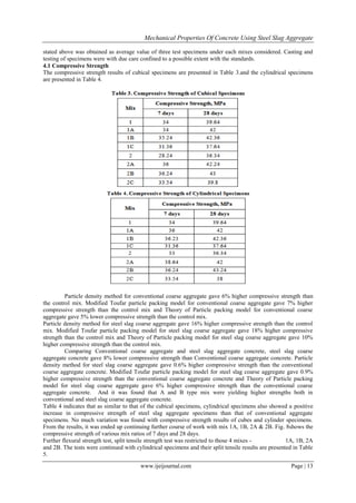 Mechanical Properties Of Concrete Using Steel Slag Aggregate
www.ijeijournal.com Page | 13
stated above was obtained as average value of three test specimens under each mixes considered. Casting and
testing of specimens were with due care confined to a possible extent with the standards.
4.1 Compressive Strength
The compressive strength results of cubical specimens are presented in Table 3.and the cylindrical specimens
are presented in Table 4.
Particle density method for conventional coarse aggregate gave 6% higher compressive strength than
the control mix. Modified Toufar particle packing model for conventional coarse aggregate gave 7% higher
compressive strength than the control mix and Theory of Particle packing model for conventional coarse
aggregate gave 5% lower compressive strength than the control mix.
Particle density method for steel slag coarse aggregate gave 16% higher compressive strength than the control
mix. Modified Toufar particle packing model for steel slag coarse aggregate gave 18% higher compressive
strength than the control mix and Theory of Particle packing model for steel slag coarse aggregate gave 10%
higher compressive strength than the control mix.
Comparing Conventional coarse aggregate and steel slag aggregate concrete, steel slag coarse
aggregate concrete gave 8% lower compressive strength than Conventional coarse aggregate concrete. Particle
density method for steel slag coarse aggregate gave 0.6% higher compressive strength than the conventional
coarse aggregate concrete. Modified Toufar particle packing model for steel slag coarse aggregate gave 0.9%
higher compressive strength than the conventional coarse aggregate concrete and Theory of Particle packing
model for steel slag coarse aggregate gave 6% higher compressive strength than the conventional coarse
aggregate concrete. And it was found that A and B type mix were yielding higher strengths both in
conventional and steel slag coarse aggregate concrete.
Table 4 indicates that as similar to that of the cubical specimens, cylindrical specimens also showed a positive
increase in compressive strength of steel slag aggregate specimens than that of conventional aggregate
specimens. No much variation was found with compressive strength results of cubes and cylinder specimens.
From the results, it was ended up continuing further course of work with mix 1A, 1B, 2A & 2B. Fig. 8shows the
compressive strength of various mix ratios of 7 days and 28 days.
Further flexural strength test, split tensile strength test was restricted to those 4 mixes - 1A, 1B, 2A
and 2B. The tests were continued with cylindrical specimens and their split tensile results are presented in Table
5.
 