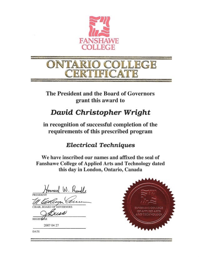 Fanshawe Certificate