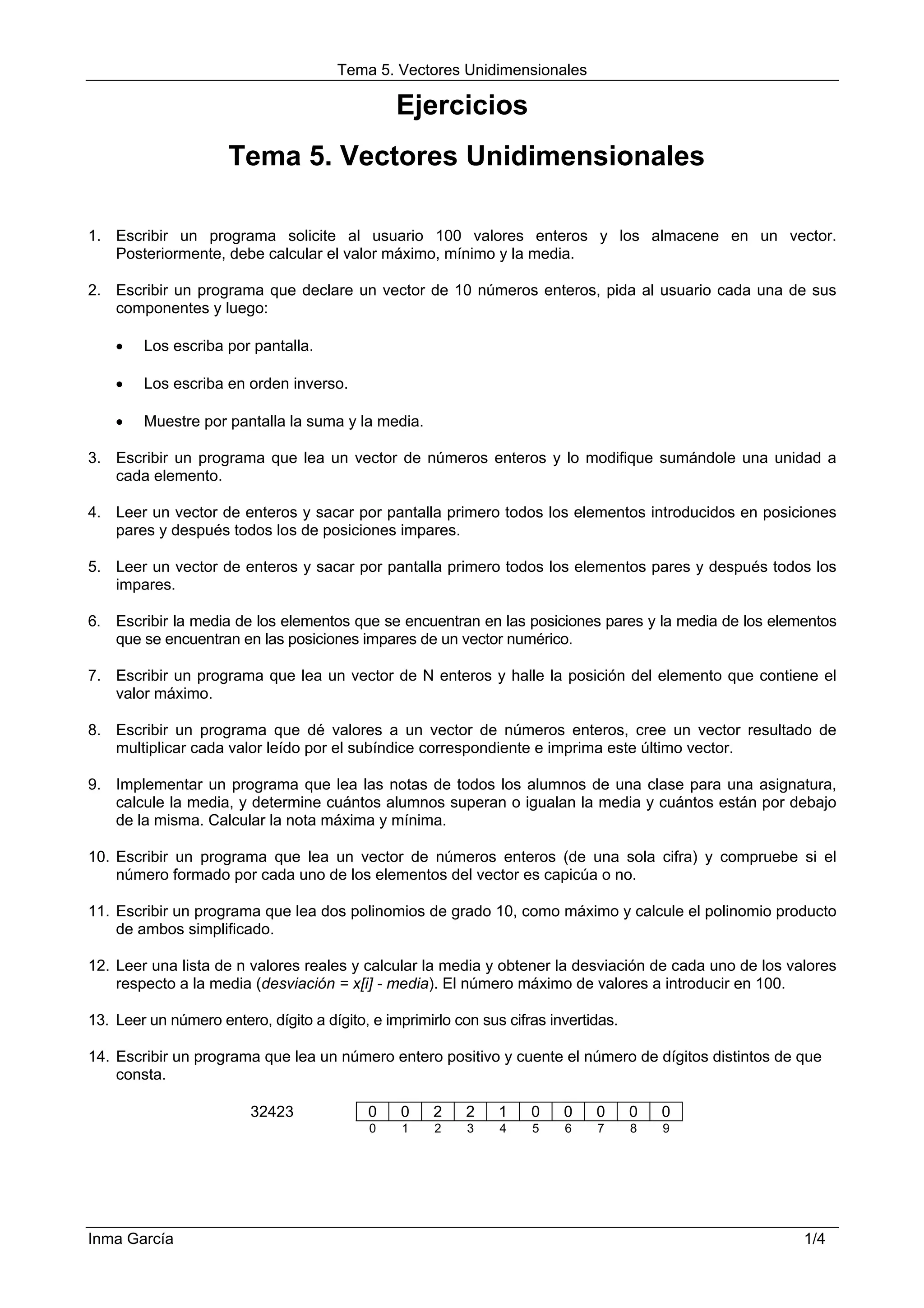 Tema 5. Vectores Unidimensionales

                                                Ejercicios
                     Tema 5. Vectores Unidimensionales

1. Escribir un programa solicite al usuario 100 valores enteros y los almacene en un vector.
   Posteriormente, debe calcular el valor máximo, mínimo y la media.

2. Escribir un programa que declare un vector de 10 números enteros, pida al usuario cada una de sus
   componentes y luego:

    •   Los escriba por pantalla.

    •   Los escriba en orden inverso.

    •   Muestre por pantalla la suma y la media.

3. Escribir un programa que lea un vector de números enteros y lo modifique sumándole una unidad a
   cada elemento.

4. Leer un vector de enteros y sacar por pantalla primero todos los elementos introducidos en posiciones
   pares y después todos los de posiciones impares.

5. Leer un vector de enteros y sacar por pantalla primero todos los elementos pares y después todos los
   impares.

6. Escribir la media de los elementos que se encuentran en las posiciones pares y la media de los elementos
   que se encuentran en las posiciones impares de un vector numérico.

7. Escribir un programa que lea un vector de N enteros y halle la posición del elemento que contiene el
   valor máximo.

8. Escribir un programa que dé valores a un vector de números enteros, cree un vector resultado de
   multiplicar cada valor leído por el subíndice correspondiente e imprima este último vector.

9. Implementar un programa que lea las notas de todos los alumnos de una clase para una asignatura,
   calcule la media, y determine cuántos alumnos superan o igualan la media y cuántos están por debajo
   de la misma. Calcular la nota máxima y mínima.

10. Escribir un programa que lea un vector de números enteros (de una sola cifra) y compruebe si el
    número formado por cada uno de los elementos del vector es capicúa o no.

11. Escribir un programa que lea dos polinomios de grado 10, como máximo y calcule el polinomio producto
    de ambos simplificado.

12. Leer una lista de n valores reales y calcular la media y obtener la desviación de cada uno de los valores
    respecto a la media (desviación = x[i] - media). El número máximo de valores a introducir en 100.

13. Leer un número entero, dígito a dígito, e imprimirlo con sus cifras invertidas.

14. Escribir un programa que lea un número entero positivo y cuente el número de dígitos distintos de que
    consta.

                         32423             0    0     2    2    1    0    0    0      0   0
                                            0    1    2    3    4    5    6    7      8   9




Inma García                                                                                             1/4
 