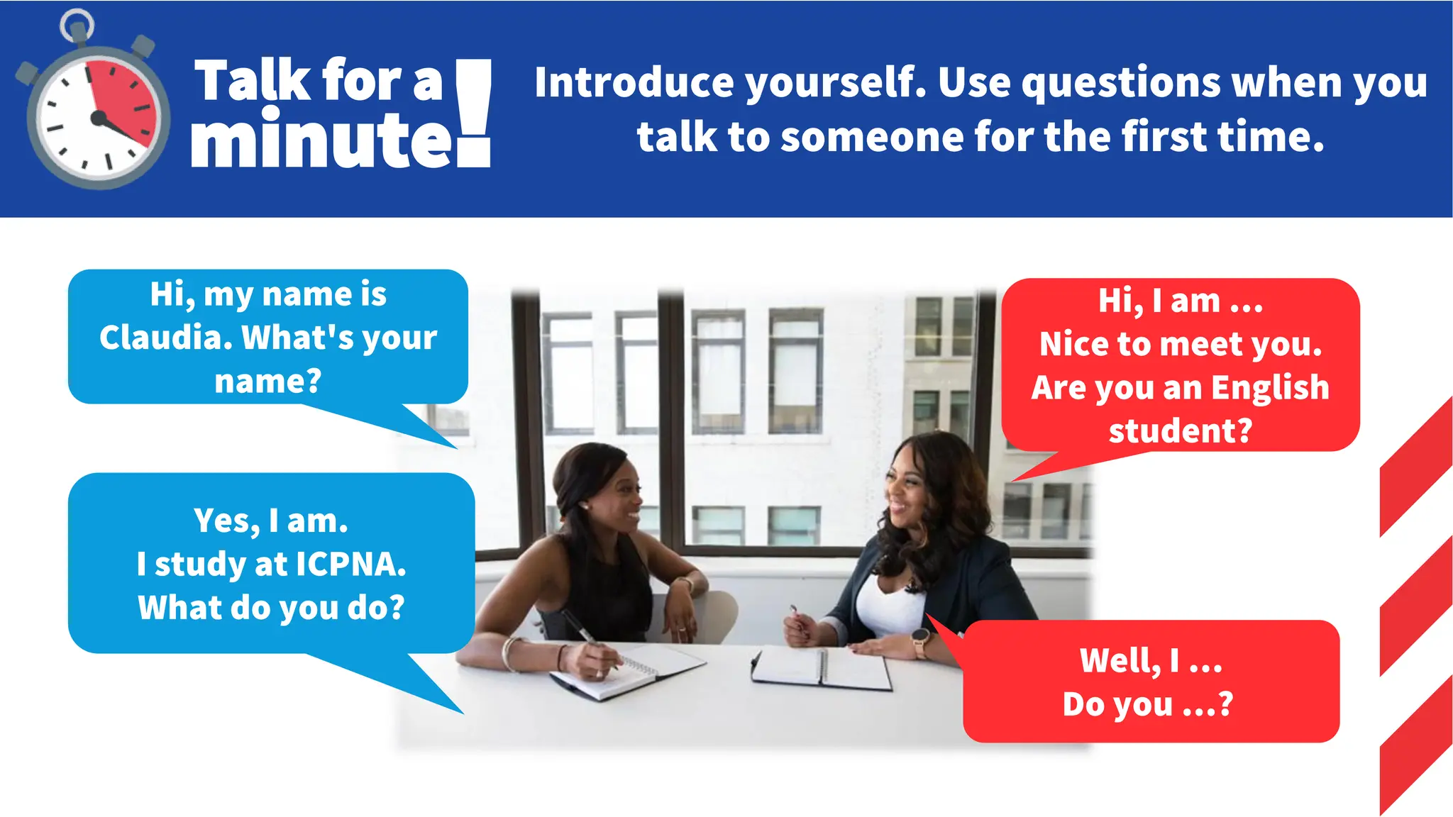 Hi, my name is
Claudia. What's your
name?
Hi, I am …
Nice to meet you.
Are you an English
student?
Yes, I am.
I study at ICPNA.
What do you do?
Well, I …
Do you …?
Talk for a
minute! Introduce yourself. Use questions when you
talk to someone for the first time.
 
