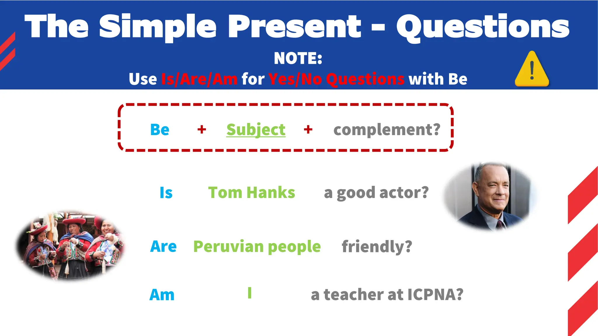 Be + complement?
Is
Are
Am
a good actor?
friendly?
a teacher at ICPNA?
+
Subject
Tom Hanks
Peruvian people
I
The Simple Present - Questions
NOTE:
Use Is/Are/Am for Yes/No Questions with Be
 
