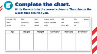 Complete the chart.
Write the words in the correct columns. Then choose the
words that describe you.
 