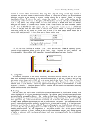 Reduce the False Positive and Fals…
12
number of sessions. These measurements, done using Tstat [15] and lasting several days, wanted to
determine the maximum number of service entries required to classify all the traffic with a service-based
approach, compared to the number of session entries required by a classifier based on session
identification. Figure 2 shows, for each minute, the number of active traffic sessions and the
corresponding number of services on the uplink (100 Mbps) of our university network (about 6,000 hosts)
over a 7-day period. The average number of active traffic sessions is 80,000 with peaks of 180,000,
while the total number of services never exceeds 10,000. Figure 3 shows the same figures for a traffic
trace2 from the MAWI wide traffic archive [21]. The average number of active session is 120,000 with
a peak of 380,000, while the total number of services never exceeds 10,000. The average on the whole
observation period of the session to service ratio is about 20 for both traces, which means that a
service table requires roughly 20 times fewer entries than a session table.
Observed sessions 40503
Observed services 21675
Observed applications 81
Services in which sessions are
classified univocally as
belonging to the same
21042
The tool has been installed on 11 hosts (with Linux, Windows and MacOS-X operating systems,
running several applications; among the other Skype, Emule, Joost, uTorrent), the traffic produced has
been captured for 4 days and the traffic traces have been analyzed by a payload-based classifier.
A. Comparision
An important observation is that simply increasing the service inactivity timeout may not be a good
idea, since we may end up filling the service table with entries related to one- shot services or services that
are anyway not any longer active, which will never appear again in the future. This is evident in Figure 7
that shows an almost four-fold increase of the service table size when changing the service inactivity
timeout from 10 to 60 minutes— without any appreciable advantage in terms of classified traffic, as shown
by Figure 6. Therefore, a 10 minute service inactivity timeout has been used in the experiments producing
all the results presented in this discussion.
B. Accuracy
Our tests show that service-based classification offers an improvement in classification accuracy over
results obtained with the original payload-based classifier. For example, trace Weekend contains a significant
amount of traffic generated by eDonkey that hinders payload-based classification when application-layer
data is encrypted. The payload-based classifier recognized only a small percentage of the flows generated by
these applications, e.g., some sessions that are occasionally sent in clear and that represent special cases. For
example, Skype sometimes produces packets that are only partially encrypted and consequently can be
properly inspected and classified; similarly, not all eDonkey messages are encrypted. In all the other cases,
the payload-based classifier is unable to identify the protocol transported and it marks flows as unknown, as
it is shown by the high percentage of unknown traffic in Figure 9. Experimental evaluation also showed
another problem related to the completeness of the pattern database used by the payload- based
method.This is confirmed by Figure 9 where the service-based classification leaves a much smaller amount
of traffic as unknown, while classifies as eDonkey a much larger percentage of traffic than payload-based
classification.
 