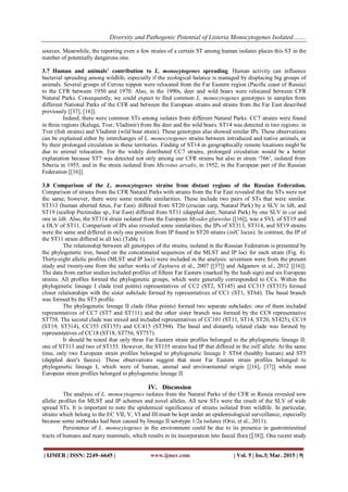 Diversity and Pathogenic Potential of Listeria Monocytogenes Isolated…….
| IJMER | ISSN: 2249–6645 | www.ijmer.com | Vol. 5 | Iss.3| Mar. 2015 | 9|
sources. Meanwhile, the reporting even a few strains of a certain ST among human isolates places this ST in the
number of potentially dangerous one.
3.7 Human and animals’ contribution to L. monocytogenes spreading. Human activity can influence
bacterial spreading among wildlife, especially if the ecological balance is managed by displacing big groups of
animals. Several groups of Cervus nippon were relocated from the Far Eastern region (Pacific coast of Russia)
to the CFR between 1950 and 1970. Also, in the 1990s, deer and wild boars were relocated between CFR
Natural Parks. Consequently, we could expect to find common L. monocytogenes genotypes in samples from
different National Parks of the CFR and between the European strains and strains from the Far East described
previously [[37], [16]].
Indeed, there were common STs among isolates from different Natural Parks. CC7 strains were found
in three regions (Kaluga, Tver, Vladimir) from the deer and the wild boars. ST14 was detected in two regions: in
Tver (fish strains) and Vladimir (wild boar strain). These genotypes also showed similar IPs. These observations
can be explained either by interchanges of L. monocytogenes strains between introduced and native animals, or
by their prolonged circulation in these territories. Finding of ST14 in geographically remote locations might be
due to animal relocation. For the widely distributed CC7 strains, prolonged circulation would be a better
explanation because ST7 was detected not only among our CFR strains but also in strain „766‟, isolated from
Siberia in 1955, and in the strain isolated from Microtus arvalis, in 1952, in the European part of the Russian
Federation [[16]].
3.8 Comparison of the L. monocytogenes strains from distant regions of the Russian Federation.
Comparison of strains from the CFR Natural Parks with strains from the Far East revealed that the STs were not
the same; however, there were some notable similarities. These include two pairs of STs that were similar.
ST313 (human aborted fetus, Far East) differed from ST20 (crucian carp, Natural Park) by a SLV in ldh, and
ST19 (scallop Pectinidae sp., Far East) differed from ST11 (dappled deer, Natural Park) by one SLV in cat and
one in ldh. Also, the ST314 strain isolated from the European Myodes glareolus [[16]], was a SVL of ST19 and
a DLV of ST11. Comparison of IPs also revealed some similarities; the IPs of ST313, ST314, and ST19 strains
were the same and differed in only one position from IP found in ST20 strains (inlC locus). In contrast, the IP of
the ST11 strain differed in all loci (Table 1).
The relationship between all genotypes of the strains, isolated in the Russian Federation is presented by
the phylogenetic tree, based on the concatenated sequences of the MLST and IP loci for each strain (Fig. 4).
Thirty-eight allelic profiles (MLST and IP loci) were included in the analysis: seventeen were from the present
study and twenty-one from the earlier works of Zaytseva et al., 2007 [[37]] and Adgamov et al., 2012 [[16]].
The data from earlier studies included profiles of fifteen Far Eastern (marked by the hash sign) and six European
strains. All profiles formed the phylogenetic groups, which were generally corresponded to CCs. Within the
phylogenetic lineage I clade (red points) representatives of CC2 (ST2, ST145) and CC315 (ST315) formed
closer relationships with the sister subclade formed by representatives of CC1 (ST1, ST64). The basal branch
was formed by the ST5 profile.
The phylogenetic lineage II clade (blue points) formed two separate subclades: one of them included
representatives of CC7 (ST7 and ST111) and the other sister branch was formed by the CC8 representative
ST758. The second clade was mixed and included representatives of CC101 (ST11, ST14, ST20, ST425), CC19
(ST19, ST314), CC155 (ST155) and CC415 (ST394). The basal and distantly related clade was formed by
representatives of CC18 (ST18, ST756, ST757).
It should be noted that only three Far Eastern strain profiles belonged to the phylogenetic lineage II:
one of ST313 and two of ST155. However, the ST155 strains had IP that differed in the inlE allele. At the same
time, only two European strain profiles belonged to phylogenetic lineage I: ST64 (healthy human) and ST5
(dappled deer's faeces). These observations suggest that most Far Eastern strain profiles belonged to
phylogenetic lineage I, which were of human, animal and environmental origin [[16], [37]] while most
European strain profiles belonged to phylogenetic lineage II.
IV. Discussion
The analysis of L. monocytogenes isolates from the Natural Parks of the CFR in Russia revealed new
allelic profiles for MLST and IP schemes and novel alleles. All new STs were the result of the SLV of wide
spread STs. It is important to note the epidemical significance of strains isolated from wildlife. In particular,
strains which belong to the EC VII, V, VI and III must be kept under an epidemiological surveillance, especially
because some outbreaks had been caused by lineage II serotype 1/2a isolates (Orsi, et al., 2011).
Persistence of L. monocytogenes in the environment could be due to its presence in gastrointestinal
tracts of humans and many mammals, which results in its incorporation into faecal flora [[38]]. One recent study
 