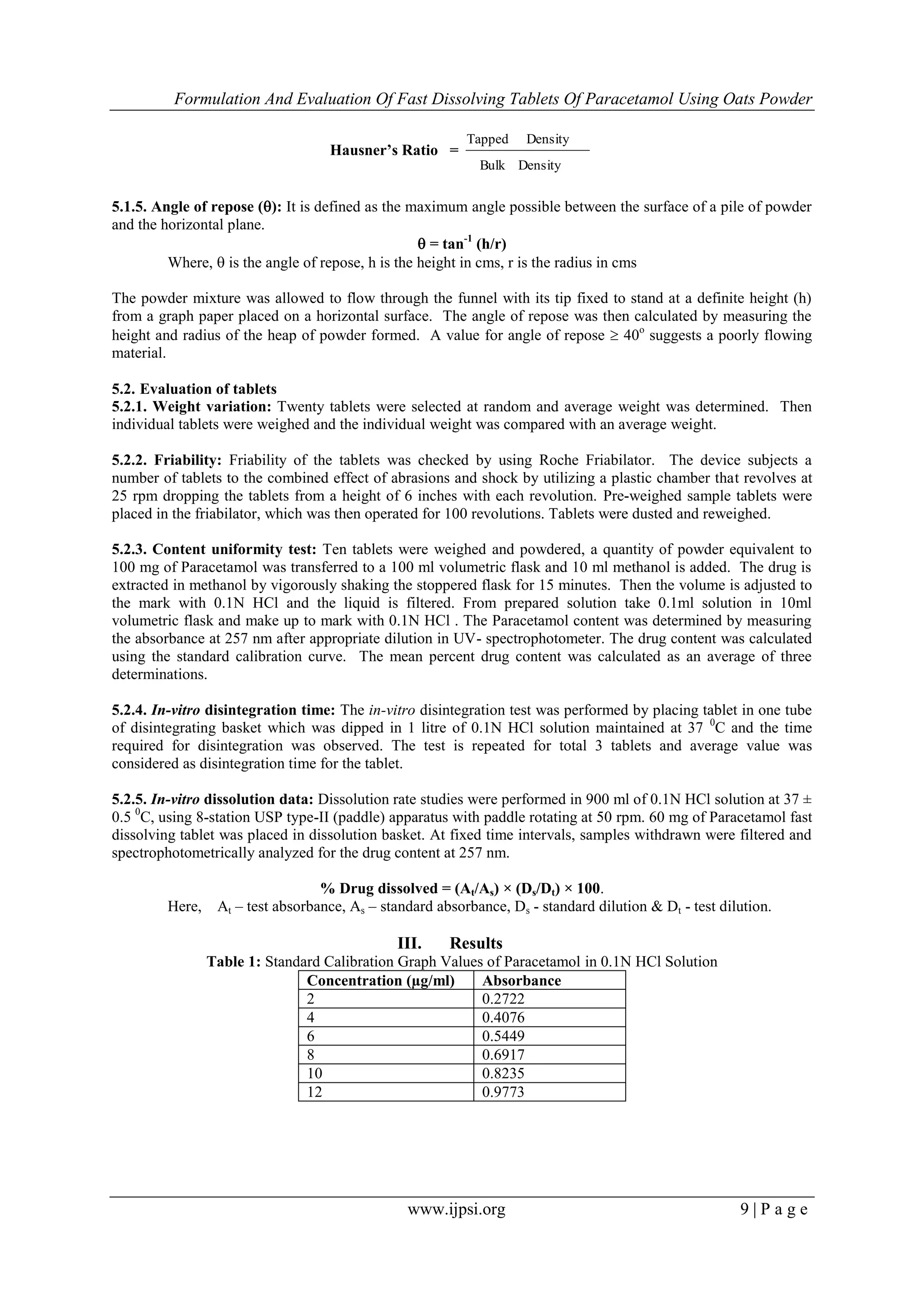 Formulation And Evaluation Of Fast Dissolving Tablets Of Paracetamol Using Oats Powder
www.ijpsi.org 9 | P a g e
Hausner’s Ratio =
DensityBulk
DensityTapped
5.1.5. Angle of repose (): It is defined as the maximum angle possible between the surface of a pile of powder
and the horizontal plane.
 = tan-1
(h/r)
Where,  is the angle of repose, h is the height in cms, r is the radius in cms
The powder mixture was allowed to flow through the funnel with its tip fixed to stand at a definite height (h)
from a graph paper placed on a horizontal surface. The angle of repose was then calculated by measuring the
height and radius of the heap of powder formed. A value for angle of repose  40o
suggests a poorly flowing
material.
5.2. Evaluation of tablets
5.2.1. Weight variation: Twenty tablets were selected at random and average weight was determined. Then
individual tablets were weighed and the individual weight was compared with an average weight.
5.2.2. Friability: Friability of the tablets was checked by using Roche Friabilator. The device subjects a
number of tablets to the combined effect of abrasions and shock by utilizing a plastic chamber that revolves at
25 rpm dropping the tablets from a height of 6 inches with each revolution. Pre-weighed sample tablets were
placed in the friabilator, which was then operated for 100 revolutions. Tablets were dusted and reweighed.
5.2.3. Content uniformity test: Ten tablets were weighed and powdered, a quantity of powder equivalent to
100 mg of Paracetamol was transferred to a 100 ml volumetric flask and 10 ml methanol is added. The drug is
extracted in methanol by vigorously shaking the stoppered flask for 15 minutes. Then the volume is adjusted to
the mark with 0.1N HCl and the liquid is filtered. From prepared solution take 0.1ml solution in 10ml
volumetric flask and make up to mark with 0.1N HCl . The Paracetamol content was determined by measuring
the absorbance at 257 nm after appropriate dilution in UV- spectrophotometer. The drug content was calculated
using the standard calibration curve. The mean percent drug content was calculated as an average of three
determinations.
5.2.4. In-vitro disintegration time: The in-vitro disintegration test was performed by placing tablet in one tube
of disintegrating basket which was dipped in 1 litre of 0.1N HCl solution maintained at 37 0
C and the time
required for disintegration was observed. The test is repeated for total 3 tablets and average value was
considered as disintegration time for the tablet.
5.2.5. In-vitro dissolution data: Dissolution rate studies were performed in 900 ml of 0.1N HCl solution at 37 ±
0.5 0
C, using 8-station USP type-II (paddle) apparatus with paddle rotating at 50 rpm. 60 mg of Paracetamol fast
dissolving tablet was placed in dissolution basket. At fixed time intervals, samples withdrawn were filtered and
spectrophotometrically analyzed for the drug content at 257 nm.
% Drug dissolved = (At/As) × (Ds/Dt) × 100.
Here, At – test absorbance, As – standard absorbance, Ds - standard dilution & Dt - test dilution.
III. Results
Table 1: Standard Calibration Graph Values of Paracetamol in 0.1N HCl Solution
Concentration (µg/ml) Absorbance
2 0.2722
4 0.4076
6 0.5449
8 0.6917
10 0.8235
12 0.9773
 