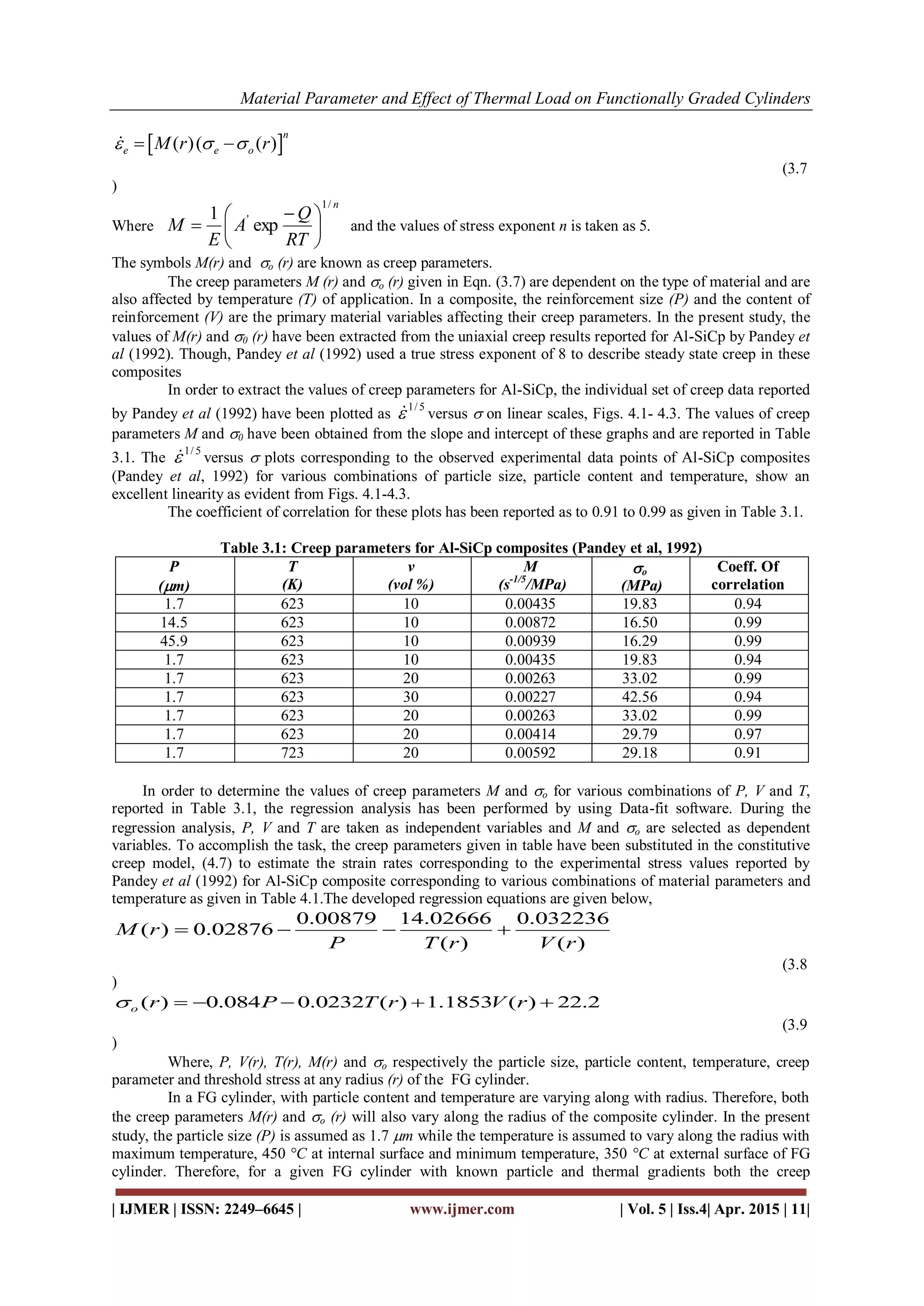 Material Parameter and Effect of Thermal Load on Functionally Graded Cylinders
| IJMER | ISSN: 2249–6645 | www.ijmer.com | Vol. 5 | Iss.4| Apr. 2015 | 11|
 ( )( ( )
n
e e oM r r   
(3.7
)
Where
n
RT
Q
A
E
M
/1
'
exp
1





 
 and the values of stress exponent n is taken as 5.
The symbols M(r) and o (r) are known as creep parameters.
The creep parameters M (r) and o (r) given in Eqn. (3.7) are dependent on the type of material and are
also affected by temperature (T) of application. In a composite, the reinforcement size (P) and the content of
reinforcement (V) are the primary material variables affecting their creep parameters. In the present study, the
values of M(r) and 0 (r) have been extracted from the uniaxial creep results reported for Al-SiCp by Pandey et
al (1992). Though, Pandey et al (1992) used a true stress exponent of 8 to describe steady state creep in these
composites
In order to extract the values of creep parameters for Al-SiCp, the individual set of creep data reported
by Pandey et al (1992) have been plotted as
5/1
 versus  on linear scales, Figs. 4.1- 4.3. The values of creep
parameters M and 0 have been obtained from the slope and intercept of these graphs and are reported in Table
3.1. The
5/1
 versus  plots corresponding to the observed experimental data points of Al-SiCp composites
(Pandey et al, 1992) for various combinations of particle size, particle content and temperature, show an
excellent linearity as evident from Figs. 4.1-4.3.
The coefficient of correlation for these plots has been reported as to 0.91 to 0.99 as given in Table 3.1.
Table 3.1: Creep parameters for Al-SiCp composites (Pandey et al, 1992)
P
(m)
T
(K)
v
(vol %)
M
(s-1/5
/MPa)
o
(MPa)
Coeff. Of
correlation
1.7 623 10 0.00435 19.83 0.94
14.5 623 10 0.00872 16.50 0.99
45.9 623 10 0.00939 16.29 0.99
1.7 623 10 0.00435 19.83 0.94
1.7 623 20 0.00263 33.02 0.99
1.7 623 30 0.00227 42.56 0.94
1.7 623 20 0.00263 33.02 0.99
1.7 623 20 0.00414 29.79 0.97
1.7 723 20 0.00592 29.18 0.91
In order to determine the values of creep parameters M and o for various combinations of P, V and T,
reported in Table 3.1, the regression analysis has been performed by using Data-fit software. During the
regression analysis, P, V and T are taken as independent variables and M and o are selected as dependent
variables. To accomplish the task, the creep parameters given in table have been substituted in the constitutive
creep model, (4.7) to estimate the strain rates corresponding to the experimental stress values reported by
Pandey et al (1992) for Al-SiCp composite corresponding to various combinations of material parameters and
temperature as given in Table 4.1.The developed regression equations are given below,
0.00879 14.02666 0.032236
( ) 0.02876
( ) ( )
M r
P T r V r
   
(3.8
)
( ) 0.084 0.0232 ( ) 1.1853 ( ) 22.2o r P T r V r     
(3.9
)
Where, P, V(r), T(r), M(r) and o respectively the particle size, particle content, temperature, creep
parameter and threshold stress at any radius (r) of the FG cylinder.
In a FG cylinder, with particle content and temperature are varying along with radius. Therefore, both
the creep parameters M(r) and o (r) will also vary along the radius of the composite cylinder. In the present
study, the particle size (P) is assumed as 1.7 m while the temperature is assumed to vary along the radius with
maximum temperature, 450 °C at internal surface and minimum temperature, 350 °C at external surface of FG
cylinder. Therefore, for a given FG cylinder with known particle and thermal gradients both the creep
 