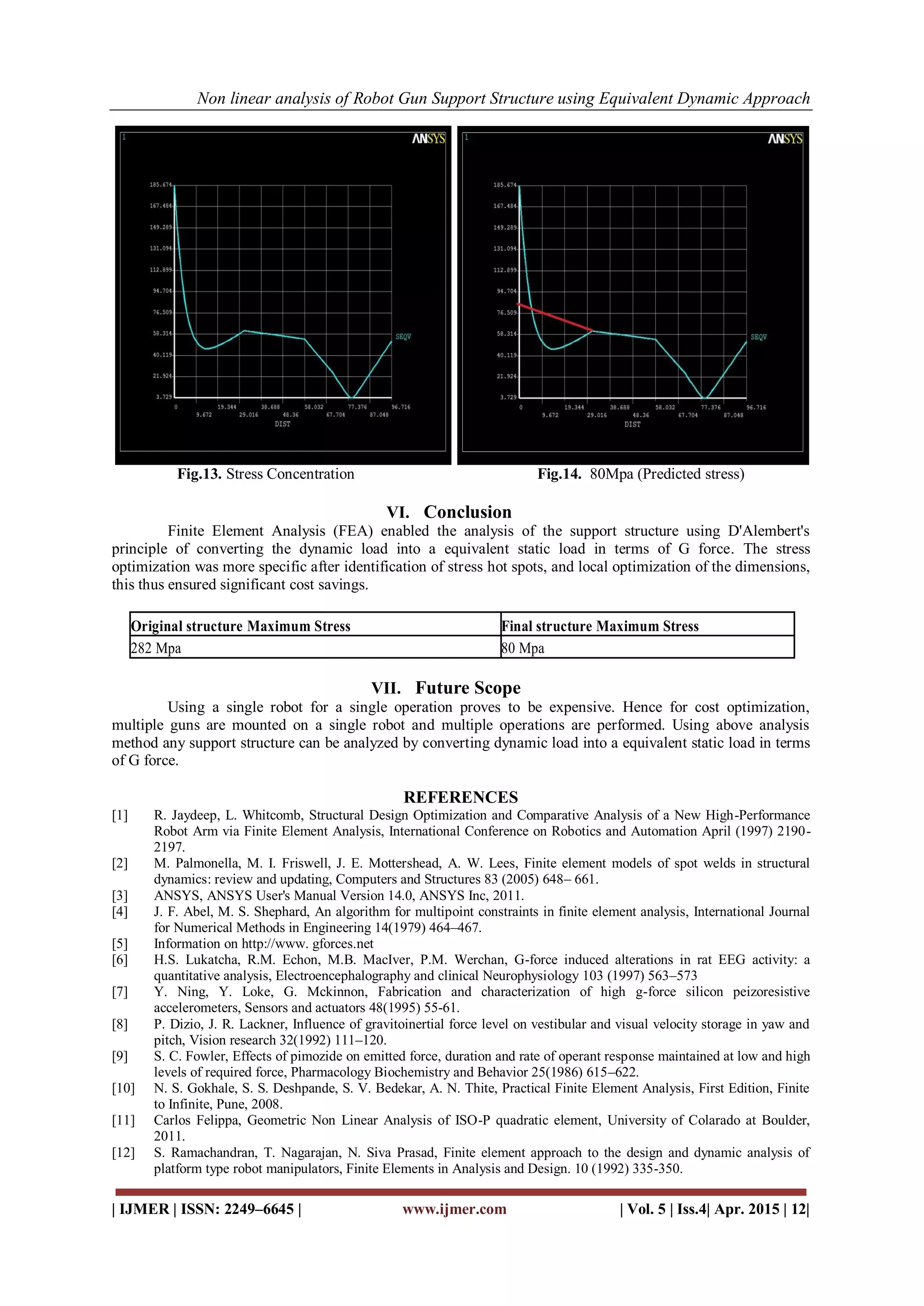 Non linear analysis of Robot Gun Support Structure using Equivalent Dynamic Approach
| IJMER | ISSN: 2249–6645 | www.ijmer.com | Vol. 5 | Iss.4| Apr. 2015 | 12|
Fig.13. Stress Concentration Fig.14. 80Mpa (Predicted stress)
VI. Conclusion
Finite Element Analysis (FEA) enabled the analysis of the support structure using D'Alembert's
principle of converting the dynamic load into a equivalent static load in terms of G force. The stress
optimization was more specific after identification of stress hot spots, and local optimization of the dimensions,
this thus ensured significant cost savings.
Original structure Maximum Stress Final structure Maximum Stress
282 Mpa 80 Mpa
VII. Future Scope
Using a single robot for a single operation proves to be expensive. Hence for cost optimization,
multiple guns are mounted on a single robot and multiple operations are performed. Using above analysis
method any support structure can be analyzed by converting dynamic load into a equivalent static load in terms
of G force.
REFERENCES
[1] R. Jaydeep, L. Whitcomb, Structural Design Optimization and Comparative Analysis of a New High-Performance
Robot Arm via Finite Element Analysis, International Conference on Robotics and Automation April (1997) 2190-
2197.
[2] M. Palmonella, M. I. Friswell, J. E. Mottershead, A. W. Lees, Finite element models of spot welds in structural
dynamics: review and updating, Computers and Structures 83 (2005) 648– 661.
[3] ANSYS, ANSYS User's Manual Version 14.0, ANSYS Inc, 2011.
[4] J. F. Abel, M. S. Shephard, An algorithm for multipoint constraints in finite element analysis, International Journal
for Numerical Methods in Engineering 14(1979) 464–467.
[5] Information on http://www. gforces.net
[6] H.S. Lukatcha, R.M. Echon, M.B. MacIver, P.M. Werchan, G-force induced alterations in rat EEG activity: a
quantitative analysis, Electroencephalography and clinical Neurophysiology 103 (1997) 563–573
[7] Y. Ning, Y. Loke, G. Mckinnon, Fabrication and characterization of high g-force silicon peizoresistive
accelerometers, Sensors and actuators 48(1995) 55-61.
[8] P. Dizio, J. R. Lackner, Influence of gravitoinertial force level on vestibular and visual velocity storage in yaw and
pitch, Vision research 32(1992) 111–120.
[9] S. C. Fowler, Effects of pimozide on emitted force, duration and rate of operant response maintained at low and high
levels of required force, Pharmacology Biochemistry and Behavior 25(1986) 615–622.
[10] N. S. Gokhale, S. S. Deshpande, S. V. Bedekar, A. N. Thite, Practical Finite Element Analysis, First Edition, Finite
to Infinite, Pune, 2008.
[11] Carlos Felippa, Geometric Non Linear Analysis of ISO-P quadratic element, University of Colarado at Boulder,
2011.
[12] S. Ramachandran, T. Nagarajan, N. Siva Prasad, Finite element approach to the design and dynamic analysis of
platform type robot manipulators, Finite Elements in Analysis and Design. 10 (1992) 335-350.
 