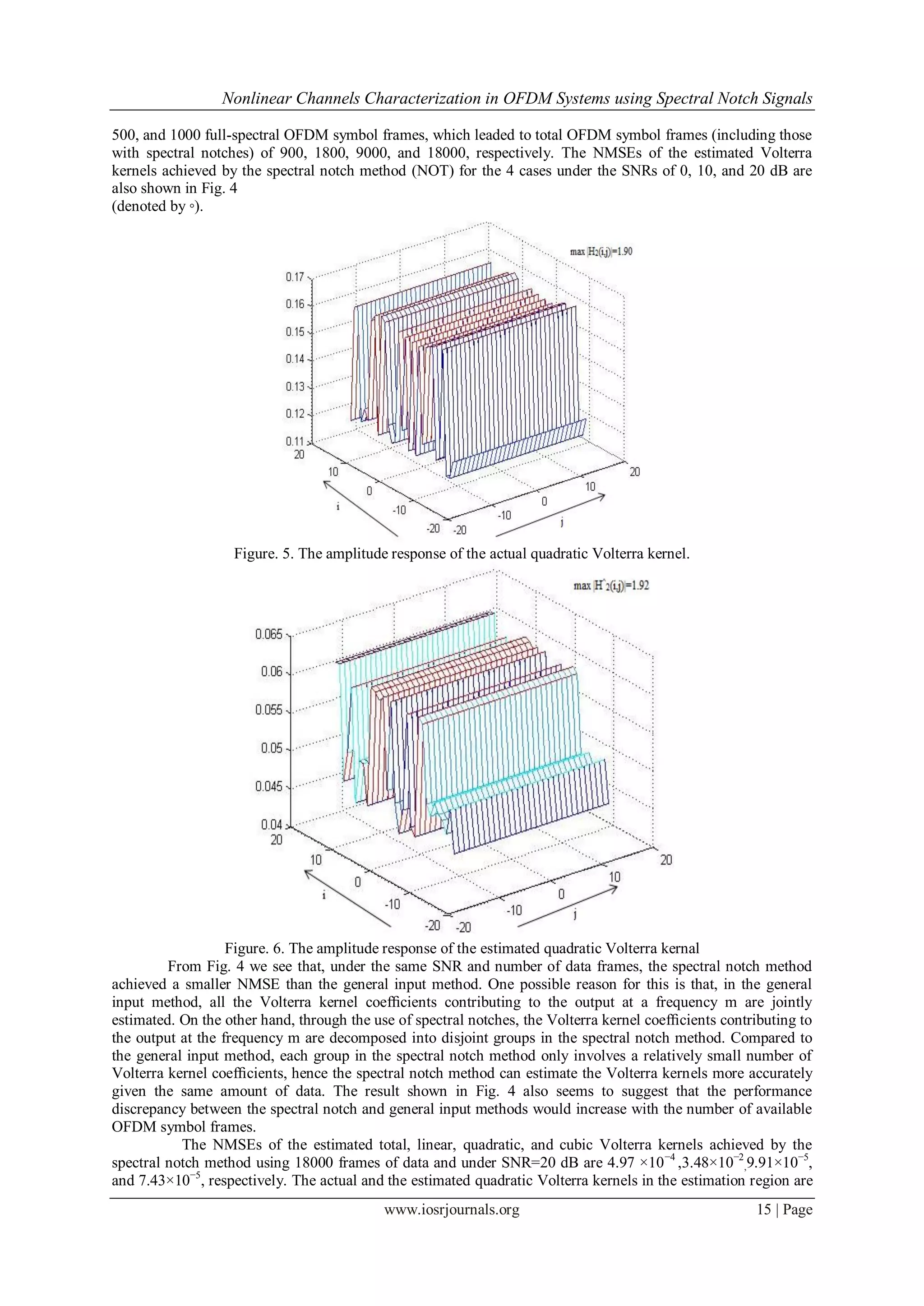 Nonlinear Channels Characterization in OFDM Systems using Spectral Notch Signals

500, and 1000 full-spectral OFDM symbol frames, which leaded to total OFDM symbol frames (including those
with spectral notches) of 900, 1800, 9000, and 18000, respectively. The NMSEs of the estimated Volterra
kernels achieved by the spectral notch method (NOT) for the 4 cases under the SNRs of 0, 10, and 20 dB are
also shown in Fig. 4
(denoted by ◦).




                   Figure. 5. The amplitude response of the actual quadratic Volterra kernel.




                   Figure. 6. The amplitude response of the estimated quadratic Volterra kernal
         From Fig. 4 we see that, under the same SNR and number of data frames, the spectral notch method
achieved a smaller NMSE than the general input method. One possible reason for this is that, in the general
input method, all the Volterra kernel coefﬁcients contributing to the output at a frequency m are jointly
estimated. On the other hand, through the use of spectral notches, the Volterra kernel coefﬁcients contributing to
the output at the frequency m are decomposed into disjoint groups in the spectral notch method. Compared to
the general input method, each group in the spectral notch method only involves a relatively small number of
Volterra kernel coefﬁcients, hence the spectral notch method can estimate the Volterra kernels more accurately
given the same amount of data. The result shown in Fig. 4 also seems to suggest that the performance
discrepancy between the spectral notch and general input methods would increase with the number of available
OFDM symbol frames.
           The NMSEs of the estimated total, linear, quadratic, and cubic Volterra kernels achieved by the
spectral notch method using 18000 frames of data and under SNR=20 dB are 4.97 ×10 −4 ,3.48×10−2,9.91×10−5,
and 7.43×10−5, respectively. The actual and the estimated quadratic Volterra kernels in the estimation region are
                                            www.iosrjournals.org                                        15 | Page
 