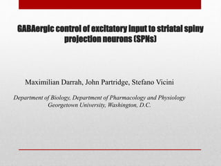 Maximilian Darrah, John Partridge, Stefano Vicini
Department of Biology, Department of Pharmacology and Physiology
Georgetown University, Washington, D.C.
GABAergic control of excitatory input to striatal spiny
projection neurons (SPNs)
 