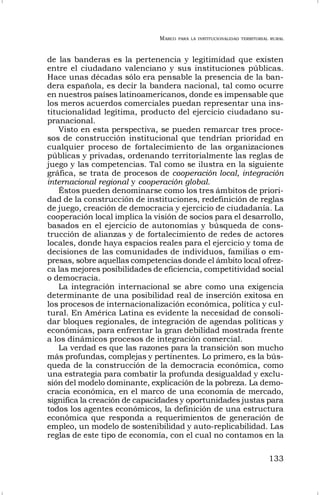MARCO PARA LA INSTITUCIONALIDAD TERRITORIAL RURAL
133
de las banderas es la pertenencia y legitimidad que existen
entre el ciudadano valenciano y sus instituciones públicas.
Hace unas décadas sólo era pensable la presencia de la ban-
dera española, es decir la bandera nacional, tal como ocurre
en nuestros países latinoamericanos, donde es impensable que
los meros acuerdos comerciales puedan representar una ins-
titucionalidad legítima, producto del ejercicio ciudadano su-
pranacional.
Visto en esta perspectiva, se pueden remarcar tres proce-
sos de construcción institucional que tendrían prioridad en
cualquier proceso de fortalecimiento de las organizaciones
públicas y privadas, ordenando territorialmente las reglas de
juego y las competencias. Tal como se ilustra en la siguiente
gráfica, se trata de procesos de cooperación local, integración
internacional regional y cooperación global.
Éstos pueden denominarse como los tres ámbitos de priori-
dad de la construcción de instituciones, redefinición de reglas
de juego, creación de democracia y ejercicio de ciudadanía. La
cooperación local implica la visión de socios para el desarrollo,
basados en el ejercicio de autonomías y búsqueda de cons-
trucción de alianzas y de fortalecimiento de redes de actores
locales, donde haya espacios reales para el ejercicio y toma de
decisiones de las comunidades de individuos, familias o em-
presas, sobre aquellas competencias donde el ámbito local ofrez-
ca las mejores posibilidades de eficiencia, competitividad social
o democracia.
La integración internacional se abre como una exigencia
determinante de una posibilidad real de inserción exitosa en
los procesos de internacionalización económica, política y cul-
tural. En América Latina es evidente la necesidad de consoli-
dar bloques regionales, de integración de agendas políticas y
económicas, para enfrentar la gran debilidad mostrada frente
a los dinámicos procesos de integración comercial.
La verdad es que las razones para la transición son mucho
más profundas, complejas y pertinentes. Lo primero, es la bús-
queda de la construcción de la democracia económica, como
una estrategia para combatir la profunda desigualdad y exclu-
sión del modelo dominante, explicación de la pobreza. La demo-
cracia económica, en el marco de una economía de mercado,
significa la creación de capacidades y oportunidades justas para
todos los agentes económicos, la definición de una estructura
económica que responda a requerimientos de generación de
empleo, un modelo de sostenibilidad y auto-replicabilidad. Las
reglas de este tipo de economía, con el cual no contamos en la
 