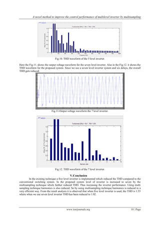 A novel method to improve the control performance of multilevel inverter by multisampling
www.iosrjournals.org 10 | Page
Fig.10. THD waveform of the 5 level inverter.
Here the Fig.11. shows the output voltage waveform for the seven level inverter. Also in the Fig.12. it shows the
THD waveform for the proposed system. Since we use a seven level inverter system and six delays, the overall
THD gets reduced.
Fig.11.Output voltage waveform the 7 level inverter.
Fig.12. THD waveform of the 7 level inverter.
V.Conclusion
In the existing technique a five level inverter is implemented which reduced the THD compared to the
conventional switching system. In the proposed system level of inverter is increased to seven by the
multisampling technique which further reduced THD. Thus increasing the inverter performance. Using multi
sampling technique harmonics is also reduced. So by using multisampling technique harmonics is reduced in a
very efficient way. From the result analysis it is observed that when five level inverter is used, the THD is 1.55
where when we use seven level inverter THD has been reduced to 1.02.
 
