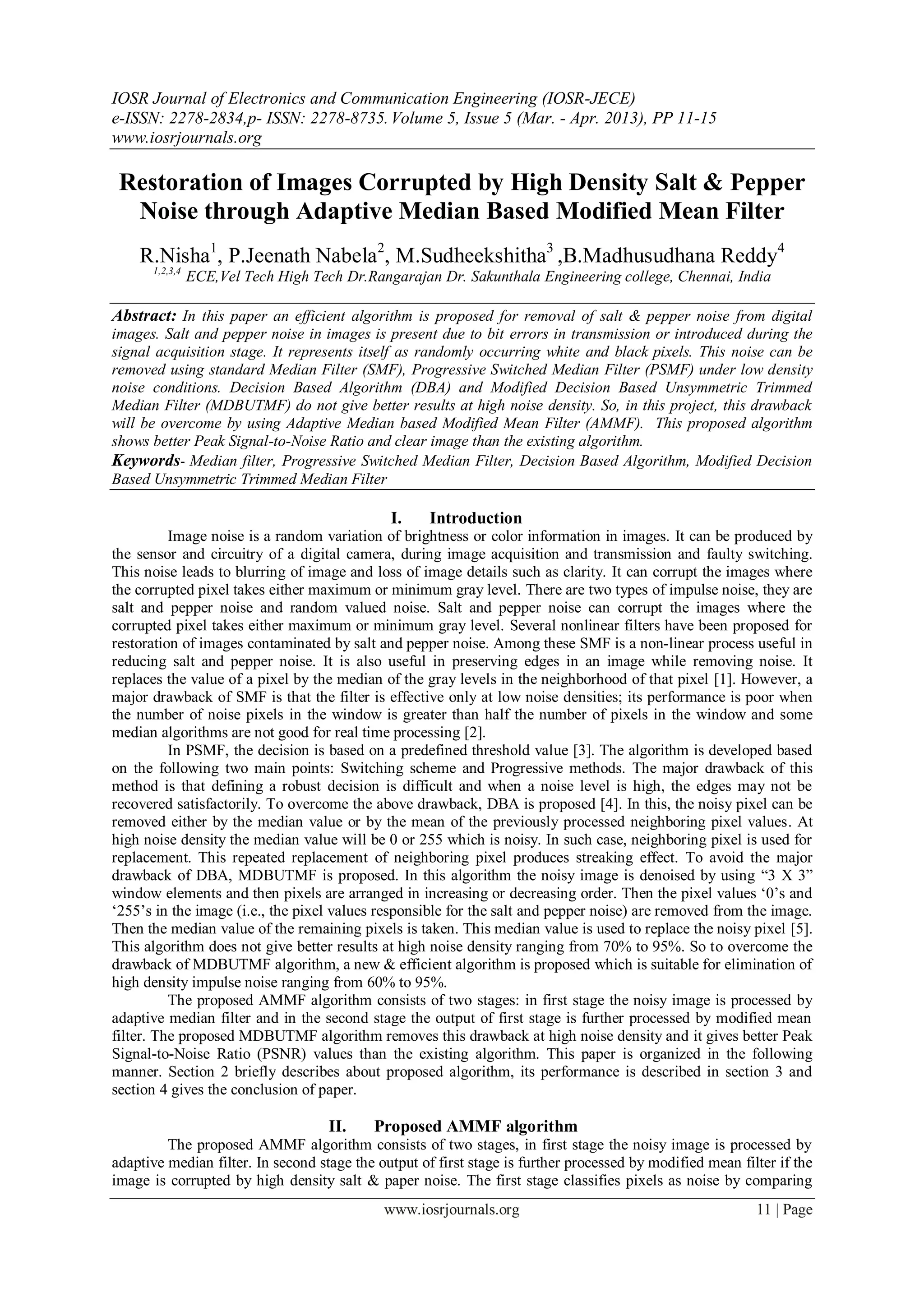 Restoration of Images Corrupted by High Density Salt & Pepper Noise