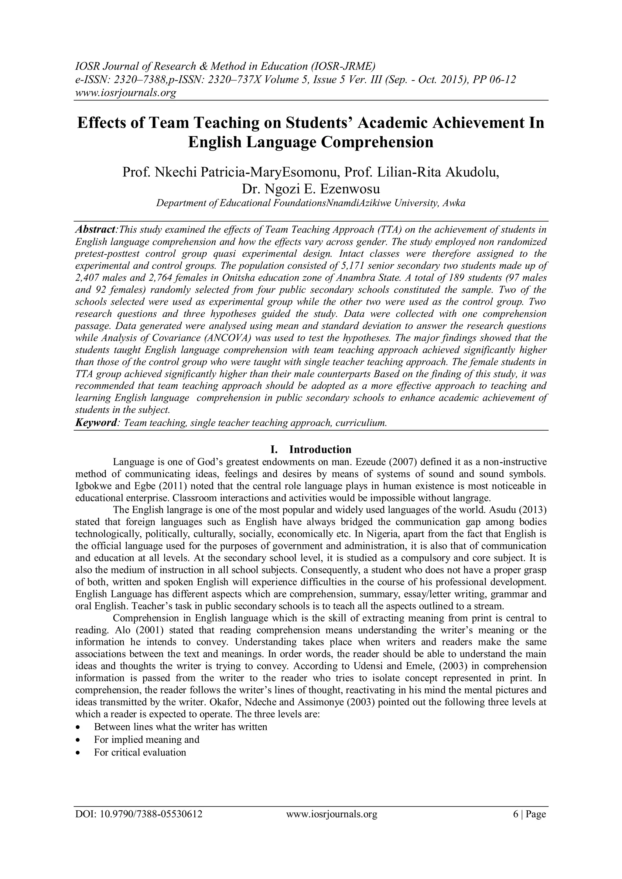 Effects of Team Teaching on Students’ Academic Achievement In English ...