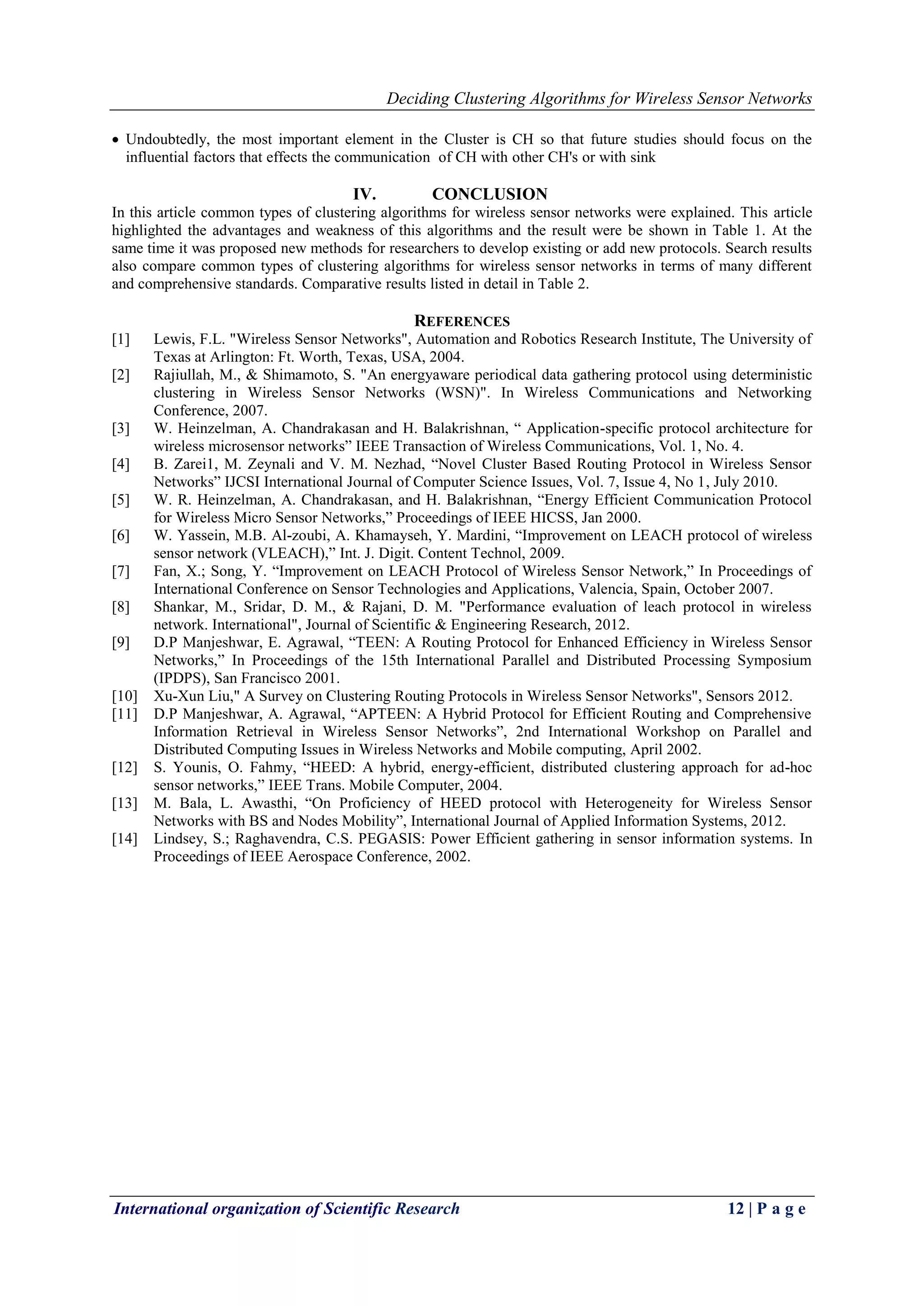 Deciding Clustering Algorithms for Wireless Sensor Networks
International organization of Scientific Research 12 | P a g e
 Undoubtedly, the most important element in the Cluster is CH so that future studies should focus on the
influential factors that effects the communication of CH with other CH's or with sink
IV. CONCLUSION
In this article common types of clustering algorithms for wireless sensor networks were explained. This article
highlighted the advantages and weakness of this algorithms and the result were be shown in Table 1. At the
same time it was proposed new methods for researchers to develop existing or add new protocols. Search results
also compare common types of clustering algorithms for wireless sensor networks in terms of many different
and comprehensive standards. Comparative results listed in detail in Table 2.
REFERENCES
[1] Lewis, F.L. "Wireless Sensor Networks", Automation and Robotics Research Institute, The University of
Texas at Arlington: Ft. Worth, Texas, USA, 2004.
[2] Rajiullah, M., & Shimamoto, S. "An energyaware periodical data gathering protocol using deterministic
clustering in Wireless Sensor Networks (WSN)". In Wireless Communications and Networking
Conference, 2007.
[3] W. Heinzelman, A. Chandrakasan and H. Balakrishnan, “ Application-specific protocol architecture for
wireless microsensor networks” IEEE Transaction of Wireless Communications, Vol. 1, No. 4.
[4] B. Zarei1, M. Zeynali and V. M. Nezhad, “Novel Cluster Based Routing Protocol in Wireless Sensor
Networks” IJCSI International Journal of Computer Science Issues, Vol. 7, Issue 4, No 1, July 2010.
[5] W. R. Heinzelman, A. Chandrakasan, and H. Balakrishnan, “Energy Efficient Communication Protocol
for Wireless Micro Sensor Networks,” Proceedings of IEEE HICSS, Jan 2000.
[6] W. Yassein, M.B. Al-zoubi, A. Khamayseh, Y. Mardini, “Improvement on LEACH protocol of wireless
sensor network (VLEACH),” Int. J. Digit. Content Technol, 2009.
[7] Fan, X.; Song, Y. “Improvement on LEACH Protocol of Wireless Sensor Network,” In Proceedings of
International Conference on Sensor Technologies and Applications, Valencia, Spain, October 2007.
[8] Shankar, M., Sridar, D. M., & Rajani, D. M. "Performance evaluation of leach protocol in wireless
network. International", Journal of Scientific & Engineering Research, 2012.
[9] D.P Manjeshwar, E. Agrawal, “TEEN: A Routing Protocol for Enhanced Efficiency in Wireless Sensor
Networks,” In Proceedings of the 15th International Parallel and Distributed Processing Symposium
(IPDPS), San Francisco 2001.
[10] Xu-Xun Liu," A Survey on Clustering Routing Protocols in Wireless Sensor Networks", Sensors 2012.
[11] D.P Manjeshwar, A. Agrawal, “APTEEN: A Hybrid Protocol for Efficient Routing and Comprehensive
Information Retrieval in Wireless Sensor Networks”, 2nd International Workshop on Parallel and
Distributed Computing Issues in Wireless Networks and Mobile computing, April 2002.
[12] S. Younis, O. Fahmy, “HEED: A hybrid, energy-efficient, distributed clustering approach for ad-hoc
sensor networks,” IEEE Trans. Mobile Computer, 2004.
[13] M. Bala, L. Awasthi, “On Proficiency of HEED protocol with Heterogeneity for Wireless Sensor
Networks with BS and Nodes Mobility”, International Journal of Applied Information Systems, 2012.
[14] Lindsey, S.; Raghavendra, C.S. PEGASIS: Power Efficient gathering in sensor information systems. In
Proceedings of IEEE Aerospace Conference, 2002.
 