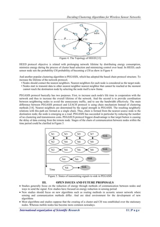 Deciding Clustering Algorithms for Wireless Sensor Networks
International organization of Scientific Research 11 | P a g e
N1
N2
N3 N7
N8N6
N5
N4
N2 N8N6N4
N6N4
N4
Sink
Sink
Sink
Sink
Time
Figure 4. The Topology of HEED [13]
HEED protocol objective is related with prolonging network lifetime by distributing energy consumption,
minimize energy during the process of cluster head selection and minimizing control over head. In HEED, each
sensor node sets the probability CH probability of becoming a CH as show in Figure 4
And another popular clustering algorithm is PEGASIS, which has adopted the based chain protocol structure. To
increase the lifetime of the network protocol;
• Nodes should contact the nearest neighbors. Nearest neighbors for each node is considered as the target node.
• Nodes start to transmit data to other nearest neighbor nearest neighbor that cannot be reached at the moment
cannot reach the destination node by selecting the node itself a new frame.
PEGASIS protocol basically has two purposes. First, to increase each node's life time in cooperation with the
network and thus to increase the overall lifetime of the network. And the second is to provide coordination
between neighboring nodes to avoid the unnecessary traffic, and to use the bandwidth effectively. The main
difference between PEGASIS protocol and LEACH protocol is using chain mechanism Instead of clustering
methods [14]. Nearest neighbors are determined by the signal strength in PEGASIS. The resulting neighborly
relations with this path are formed as a single chain. Thus, chain is formed from the nearest source node to the
destination node; the node is emerging as a road. PEGASIS has succeeded in particular by reducing the number
of no clustering and transmission costs. PEGASUS protocol biggest disadvantage is that target button is causing
the delay of data coming from the remote node. Stages of the chain of communication between nodes within the
time period could be clarified in Figure 5.
Figure 5. States of transmitting signals to sink in PEGASIS
III. OPEN ISSUES AND FUTURE PROPOSALS
 Studies generally focus on the reduction of energy through methods of communication between nodes and
ways to send the signal. Few studies have focused on energy reduction in sensing period
 New studies should focus on new algorithms such as routing methods in acoustic sensor network where
sensing and communication methods differ. And are ideal environment for the development of new
algorithms
 Most algorithms and studies suppose that the creating of a cluster and CH was established over the stationary
nodes. Whereas mobile nodes has become more common nowadays.
 