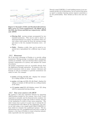 Figure 5: Example of MA and Standard Deviations:
Blue curve is a room temperature, the Black one is
the MA, the Green and Red are respectively +2STD
and -2STD
• Moving Std: moving average accompanied by two
standard deviations. This can be used to detect an
abnormal behavior of a sensor, for instance when cur-
rent values reach points far from the moving average
and close to the two standard deviations curve. (cf.
Fig 5).
• Table : Displays a table, that can be sorted or ex-
ported into a spreadsheet for a diﬀerent type of anal-
ysis.
3.0.2 Momentum
On of the great advantage of Pandas is to provide rolling
momentum. Moving average, co-variance, skew, and generic
window are available. Users are therefore able to analyze the
dynamic components of a system, and analyses the causes
of evolution.
All pandas computation tools are accessible directly from
the application through expressions. To mention a few, sta-
tistical momentum such as mean, variance, skewness and
kurtosis as well as correlation or pairwise momentum can
easily be used. For example:
• pandas.rolling_var({0},10): displays the variance
on a rolling window of 10 values.
• pandas.rolling_cov({0},{1},50,True): displays the
rolling co-variance of {0} and {1} on a rolling window
of 50 values.
• {1};pandas.ewma({1},10):displays sensor {1} along
with its exponential moving average.
3.0.3 Time series analysis with ARCH
We wanted to add auto regression features by importing
ARCH python module for two reasons: ﬁrst of all, if auto
regression is normally used for ﬁnancial series analysis, but
we found interesting to apply this model to sensors, because
of the similarities in terms of time series properties. The
other reason was to prove it is quite easy to extend the set
of computational tools oﬀered by the application. For now,
we are only using a very simple model called GARCH(1,1),
from which we compute the conditional variance. The im-
plementation was very straightforward and took a couple of
minutes: a few lines of Python to create a function immedi-
ately exportable into the expression box.
Directly using GARCH(1,1) with building sensors is not nec-
essarily giving a lot of information, but we noticed that given
as input to machine learning system improve sometimes a
lot the predictability. More details on this in the next sec-
tion.
 