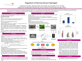 Pegylation of Dermal Extract Hydrogels
Lioudmila V. Sorokina, Marcella Vaicik, Tom Waller, Jarel Gandhi, Dr. Eric  M. Brey
The purpose of this study was to investigate polyethylene glycol as a cross‐linking agent for dermis‐derived protein extract and to create a hydrogel with potentially high 
biofunctionality and controllable physical properties. Hydrogels were evaluated based on the ability to gel and swelling ratio.
Department of Biomedical Engineering, Illinois Institute of Technology, Chicago, Illinois
Introduction Results Figure 4
Past studies indicate that the composition of a hydrogel has a great effect on
its biological and mechanical properties.
Dermis derived hydrogels
Pros:
• Similar in structure and composition to extracellular matrix in vivo
• Provides structural support for cellular growth and function1
Controls: 3‐ 15% PEGDA only gels, with a mean swelling ratio of 9.058 and a standard
deviation of 0.346.
•There were two batches of gels made, here labeled as A and B (figure 5).
•Hydrogels were evaluated based on two parameters: the ability to form a gel (figure 4)
and the swelling ratio test (figure 5).
•2% PEGDA concentration solutions were unable to form a gel at both PEGDA molecular
i h
Introduction Results Figure 4
Cons:
• Protein extracted hydrogel degrade very rapidly
•are mechanically weak
Proposed solution: cross‐linking a hydrogel in a way that retains high
biofunctionality and improves the mechanics
•This is of significance in tissue engineering scaffolds, with applications in
chronic diabetic wound healing and tissue regeneration. A biosynthetic
ff
weights.
•3% gels formed at 3.4K da but not at 20K da.
• 3% gels had higher swelling ratios than 4% gels at 3.4K da.
• 20K da PEGDA produced varied data that needs to be repeated.
Figure 5
Swelling Ratio Test
hybrid scaffold made with PEG and a tissue‐derived extract could better
create the complexity of in vivo tissue as compared to an entirely synthetic
scaffold2.
Aim of this study was to introduce polyethelyne di‐acrylate (PEGDA) as a
cross‐linking agent for the dermal extract and to establish a point of gel
formation.
Methods
The dermal extract was obtained by harvesting the tissue of a Long Evans rat
using a technique developed by Uriel et al. as illustrated in figure 2.
Extraction:
•Proteins were extracted from tissue using mechanical and enzymatic means.
•High salt buffer combined with protease inhibitors removed cells and
protected proteins from degradation.
8M dd d t i th l bilit f th bt i d t i
Methods
Discussion
Figure 2
Tissue Derived Hydrogel Technique Image from Chiu Y‐C, et al.
•8M urea was added to increase the solubility of the obtained proteins.
•TNBS assay was used to determine percent PEGylation:
% pegylation = 1‐(ratioPegylated dermal extract /ratioDermal extract )
Hydrogel formation
This study was helpful in establishing a point of gel
formation, which is 3% for 3.4K da PEGDA and 4% for 20K
da PEGDA. Compared to the control group of PEGDA gels
only, 3.4K da PEGDA gels produced consistently higher
swelling ratios, with the lowest concentration of PEGDA
having the highest swelling ratios. This indicates that theFigure 3
Figure 1: Chemical structure PEG and PEGDA
http://homepages.cae.wisc.edu/~bme200/microencapsulation_fall05/
• A larger sample size should be tested to investigate reproducibility
• The gels should be tested for mechanical properties
• The gels should have biofunctional testing to  investigate the effects of 
pegylation on biological activity
Hydrogel formation:
•Hydrogels were made using PEGylated dermal extract of 1:1 and PEGDA stock
using either 3.4K da or 20K da (figures 1 and 3).
•Stock PEGDA concentrations were made: 2%, 3%, 4%, or 5%.
•Three gels were made per concentration, with a volume of 100 µL per gel.
•Gels were exposed to UV light for 15 minutes, then hydrated for 30 minutes,
and dehydrated in an oven overnight to obtain measurements for a swell ratio
test
g g g
less cross‐linked the gel is, the more water it will be able
to hold.
The data on the effect of the molecular weight of the gel
on its swelling abilities was inconclusive. Additional
testing is necessary to optimize the results at 20K da to
confirm the findings. Moreover, varying molecular weights
of PEGDA will help to test the increase of the point of gel
Future Work 
g
Pegylated Dermal Extract
pegylation on biological activity
This research was supported by the National Science Foundation (grant number
0552896). We would like to sincerely thank the members of Dr. Brey’s lab, Jef
Larson and Bin Jiang for their consulting and engineering support during this
project.
1. Uriel S. et al., Tissue Engineering 2009; 15: 309‐321
2. Almany L., Seliktar D., Biomaterials, 2005; 26: 2467‐2477
3. Cheng, M. et al, J.of Biomedical Materials Research, 2010; 92A : 852 ‐ 858
test. p p g
formation where PEGDA length is a true statistical trend.
The obtained data indicated that the point of gel formation for 
3.4K da PEGDA occurs at 3% and for 20K PEGDA – at 4%.
Acknowledgements  References
Conclusion
 