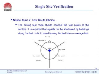Confidential Information of
Huawei. Security Level: Internal
34
Single Site Verification
Notice items 2: Test Route Choice
 The driving test route should connect the test points of the
sectors. It is required that signals not be shadowed by buildings
along the test route to avoid turning the test into a coverage test.
 
