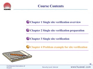 Confidential Information of
Huawei. Security Level: Internal
36
Course Contents
Chapter 4 Problem example for site verification
Chapter 3 Single site verification
Chapter 2 Single site verification preparation
Chapter 1 Single site verification overview
 