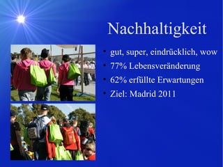 Nachhaltigkeit gut, super, eindrücklich, wow 77% Lebensveränderung 62% erfüllte Erwartungen Ziel: Madrid 2011 