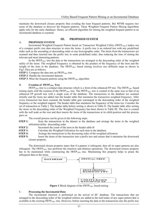 Utility Based Frequent Pattern Mining in an Incremental Database

maintains the downward closure property thus avoiding the least frequent patterns. But WFIM requires two
scans of the database to discover the frequent patterns. These Weighted Frequent Pattern Mining algorithms
apply only for the static databases. Hence, an efficient algorithm for mining the weighted frequent pattern in an
incremental database is essential.

                                        III.    PROPOSED SYSTEM
A.        PROPOSED SYSTEM
          Incremental Weighted Frequent Pattern based on Transaction Weighted Utility (IWFPTWU) makes use
of a compact prefix tree data structure to store the items. A prefix tree is an ordered tree with any predefined
order such as the ascending or descending order or any lexicographic order. The items from the transactions are
scanned and then inserted into the prefix tree in some predefined order, thus reducing the time of mining the
relevant and most interesting patterns.
          In the IWFPTWF tree the data or the transactions are arranged in the descending order of the weighted
utility of the items. The weighted Frequency is obtained by the product of the frequency of the item and the
weight of the item in the database. The IWFPTWU based mining involves two different steps as shown in
Fig1.They are as follows:
STEP 1: Compress the data into an IWFPTWU tree
STEP 2: Handle the incremental datasets
STEP 3: Mine the frequent patterns using the IWFPTWU algorithm

B.        Creation of IWFPTWU Tree
          IWFPTWU tree is a compact data structure which is a form of the enhanced FP tree. The IWFP TWU based
mining starts with the creation of the IWFP TWU tree. The IWFPTWU tree is created in the same way as that of an
enhanced FP growth tree with a single scan of the database. The transactions in the database are scanned
initially and the items are added into the header table that maintains the transaction weighted frequency. After
every transaction has been scanned, the header table gets rearranged in the descending order of the weighted
frequency or the weighted support. The header table thus maintains the frequency of the items too. Consider the
set of transaction in Table I. The header table before sorting is shown in Table II. The header table after sorting
the items in the descending order of the Weighted Frequency has been shown in Table III. The tree is created
with the null node as the root and then inserts the items of the transactions at its child position and the process
goes on
          The overall process can be given in the following steps:
STEP 1:             Scan the transactions in the dataset or the database and arrange the items in the weighted
          utilization/utility descending order
STEP 2:             Increment the count of the item in the header table H
STEP 3:             Calculate the Weighted Utilization for each item in the database
STEP 4:             Arrange the transactions in the decreasing order of the weighted utilization
STEP 5:             Insert the items of the transaction into a prefix tree and ensure that it maintains the downward
          closure property.

         The downward closure property states that if a pattern is infrequent, then all its super patterns are also
infrequent. The IWFPTWU tree performs the insertion and deletion operations. The downward closure property
has to be maintained while constructing the IWFPTWU tree. Maintaining this property helps to prune the
infrequent data or the items.




                             Figure 1 Block diagram of the IWFPTWU based mining

C.       Processing the Incremental Data
         The incremental insertion is performed on the arrival of db+ database. The transactions that are
arranged in the descending order of the weighted utilities are added as the leaf nodes of any super pattern that is
available in the existing IWFPTWU tree. However, before inserting the data or the transactions into the prefix tree

                                                        11
 