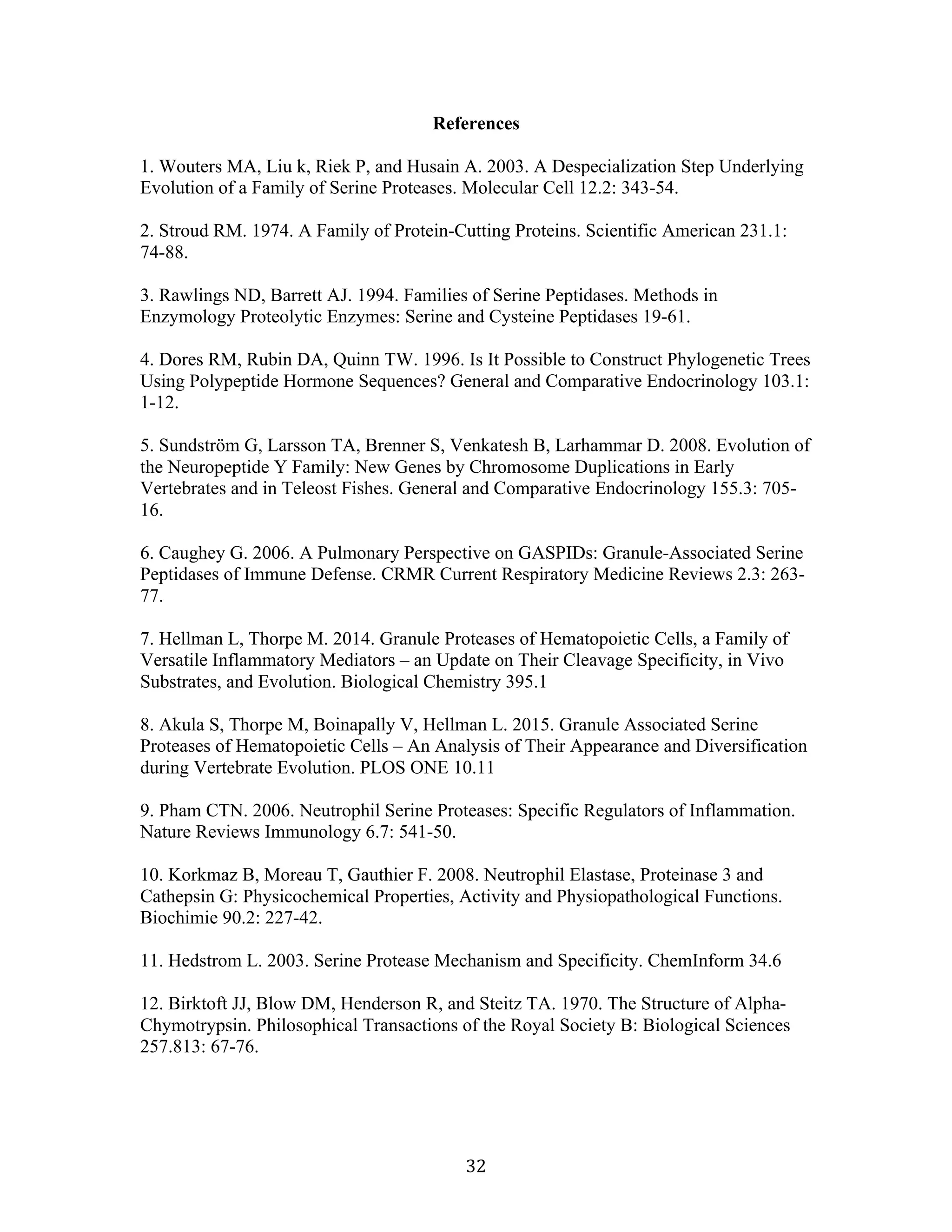 32	
References
1. Wouters MA, Liu k, Riek P, and Husain A. 2003. A Despecialization Step Underlying
Evolution of a Family of Serine Proteases. Molecular Cell 12.2: 343-54.
2. Stroud RM. 1974. A Family of Protein-Cutting Proteins. Scientific American 231.1:
74-88.
3. Rawlings ND, Barrett AJ. 1994. Families of Serine Peptidases. Methods in
Enzymology Proteolytic Enzymes: Serine and Cysteine Peptidases 19-61.
4. Dores RM, Rubin DA, Quinn TW. 1996. Is It Possible to Construct Phylogenetic Trees
Using Polypeptide Hormone Sequences? General and Comparative Endocrinology 103.1:
1-12.
5. Sundström G, Larsson TA, Brenner S, Venkatesh B, Larhammar D. 2008. Evolution of
the Neuropeptide Y Family: New Genes by Chromosome Duplications in Early
Vertebrates and in Teleost Fishes. General and Comparative Endocrinology 155.3: 705-
16.
6. Caughey G. 2006. A Pulmonary Perspective on GASPIDs: Granule-Associated Serine
Peptidases of Immune Defense. CRMR Current Respiratory Medicine Reviews 2.3: 263-
77.
7. Hellman L, Thorpe M. 2014. Granule Proteases of Hematopoietic Cells, a Family of
Versatile Inflammatory Mediators – an Update on Their Cleavage Specificity, in Vivo
Substrates, and Evolution. Biological Chemistry 395.1
8. Akula S, Thorpe M, Boinapally V, Hellman L. 2015. Granule Associated Serine
Proteases of Hematopoietic Cells – An Analysis of Their Appearance and Diversification
during Vertebrate Evolution. PLOS ONE 10.11
9. Pham CTN. 2006. Neutrophil Serine Proteases: Specific Regulators of Inflammation.
Nature Reviews Immunology 6.7: 541-50.
10. Korkmaz B, Moreau T, Gauthier F. 2008. Neutrophil Elastase, Proteinase 3 and
Cathepsin G: Physicochemical Properties, Activity and Physiopathological Functions.
Biochimie 90.2: 227-42.
11. Hedstrom L. 2003. Serine Protease Mechanism and Specificity. ChemInform 34.6
12. Birktoft JJ, Blow DM, Henderson R, and Steitz TA. 1970. The Structure of Alpha-
Chymotrypsin. Philosophical Transactions of the Royal Society B: Biological Sciences
257.813: 67-76.
 