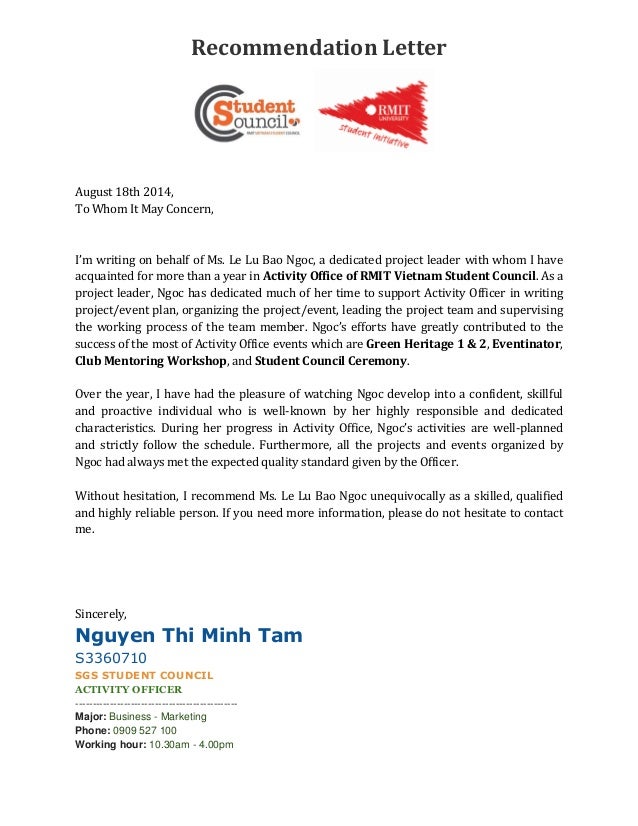 refference letter from activity officer rmit student student council letter of recommendation