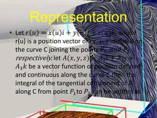 Representation
• Let 𝑟 𝑢 = 𝑥 𝑢 𝑖 + 𝑦(𝑢)𝑗 + 𝑧(𝑢)𝑘, where
r(u) is a position vector of (𝑥, 𝑦, 𝑧)defined on
the curve C joining the points 𝑃1 𝑎𝑛𝑑 𝑃2
respectively. let 𝐴(𝑥, 𝑦, 𝑧) = 𝐴1 𝑖 + 𝐴2 𝑗 +
𝐴3 𝑘 be a vector function of position defined
and continuous along the curve C.then the
integral of the tangential component of A
along C from point 𝑃1to 𝑃2 can be written as
 