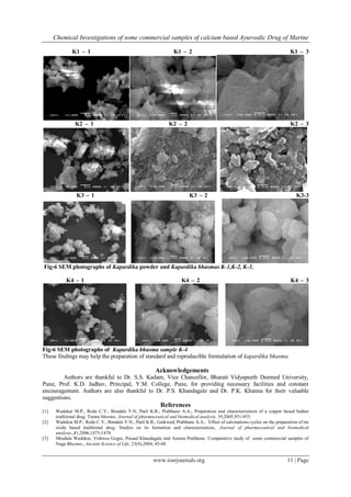 Chemical Investigations of some commercial samples of calcium based Ayurvedic Drug of Marine
www.iosrjournals.org 11 | Page
K1 – 1 K1 – 2 K1 – 3
K2 – 1 K2 – 2 K2 – 3
K3 – 1 K3 – 2 K3-3
Fig-6 SEM photographs of Kapardika powder and Kapardika bhasmas K-1,K-2, K-3.
K4 – 1 K4 – 2 K4 – 3
Fig-6 SEM photographs of Kapardika bhasma sample K-4
These findings may help the preparation of standard and reproducible formulation of kapardika bhasma.
Acknowledgements
Authors are thankful to Dr. S.S. Kadam, Vice Chancellor, Bharati Vidyapeeth Deemed University,
Pune, Prof. K.D. Jadhav, Principal, Y.M. College, Pune, for providing necessary facilities and constant
encouragement. Authors are also thankful to Dr. P.S. Khandagale and Dr. P.K. Khanna for their valuable
suggestions.
References
[1] Wadekar M.P., Rode C.V., Bendale Y.N, Patil K.R., Prabhune A.A., Preparation and characterization of a copper based Indian
traditional drug: Tamra bhasma. Journal of pharmaceutical and biomedical analysis, 39,2005,951-955.
[2] Wadekar M.P., Rode C.V., Bendale Y.N., Patil K.R., Gaikwad, Prabhune A.A., Effect of calcinations cycles on the preparation of tin
oxide based traditional drug: Studies on its formation and characterization., Journal of pharmaceutical and biomedical
analysis.,41,2006,1473-1478.
[3] Mrudula Wadekar, Vishwas Gogte, Prasad Khandagale and Asmita Prabhune. Comparative study of some commercial samples of
Naga Bhasma., Ancient Science of Life, 23(4),2004, 45-48.
 