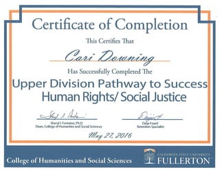 CSUF Cari Downing Certificate Human Rights Social Justice