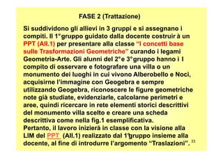 FASE 2 (Trattazione)
Si suddividono gli allievi in 3 gruppi e si assegnano i
compiti. Il 1°gruppo guidato dalla docente costruir à un
PPT (All.1) per presentare alla classe “I concetti base
sulle Trasformazioni Geometriche” curando i legami
Geometria-Arte. Gli alunni del 2°e 3°gruppo hanno i l
compito di osservare e fotografare una villa o un
monumento dei luoghi in cui vivono Alberobello e Noci,
acquisirne l’immagine con Geogebra e sempre
33
acquisirne l’immagine con Geogebra e sempre
utilizzando Geogebra, riconoscere le figure geometriche
note già studiate, evidenziarle, calcolarne perimetri e
aree, quindi ricercare in rete elementi storici descrittivi
del monumento villa scelto e creare una scheda
descrittiva come nella fig.1 esemplificativa.
Pertanto, il lavoro inizierà in classe con la visione alla
LIM del PPT (All.1) realizzato dal 1°gruppo insieme alla
docente, al fine di introdurre l’argomento “Traslazioni”.
 