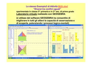 Lo stesso Esempio3 di Attività M@t.abel
“Diversi tra confini uguali”
sperimentata in classe 5^ primaria e in 2^ sec. di primo grado
Laboratorio virtuale realizzato con GEOGEBRA
(L’utilizzo del software GEOGEBRA ha consentito di
migliorare in tutti gli allievi la capacità di osservazione e
di scoperta, potenziando i processi logico-mentali)
50
 
